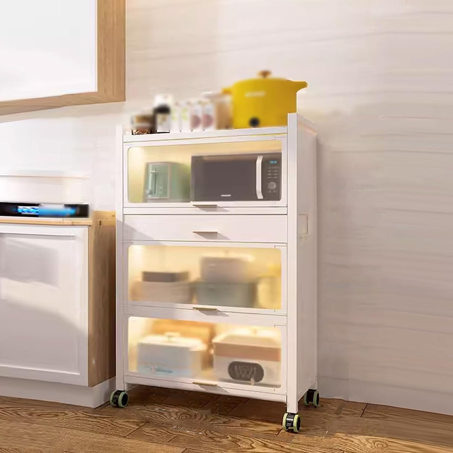 Bakers Rack with Storage Cabinet Kitchen Shelf Organizer and Storage with Drawer with Rolling Wheels, for Spices, Pots and Pans(White,60 * 40 * 135.4cm)