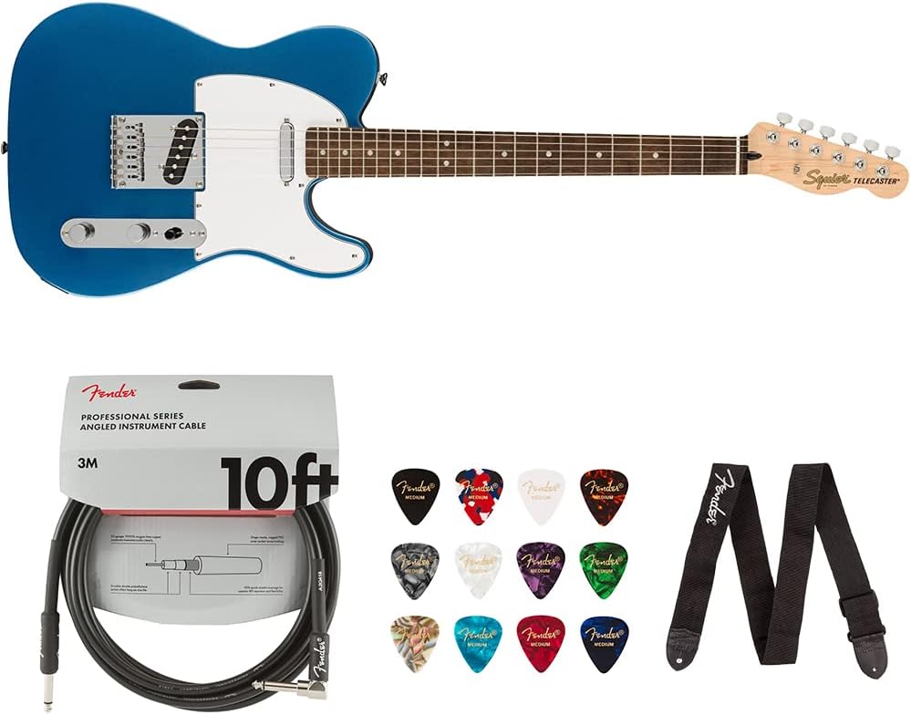 Squier by Fender Affinity Series Telecaster, Indian Laurel fingerboard (Lake Placid Blue) Bundle with Fender 10ft Cable (Straight/Straight), Guitar 12-Pack Picks, and 2' Guitar Straps