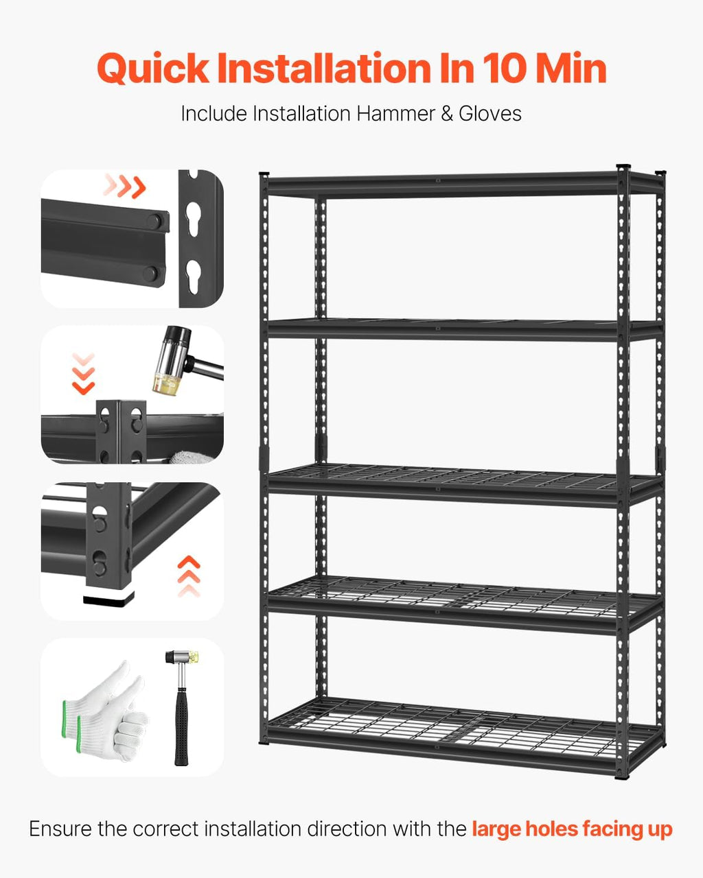 VEVOR Storage Shelves, 2500 lbs, 5 Tier Heavy Duty Garage Shelving, 18' D x 48' W x 72' H Adjustable Metal Shelves for Industrial Shelving Unit Utility Shelf, for Kitchen, Warehouse, Basement, Black