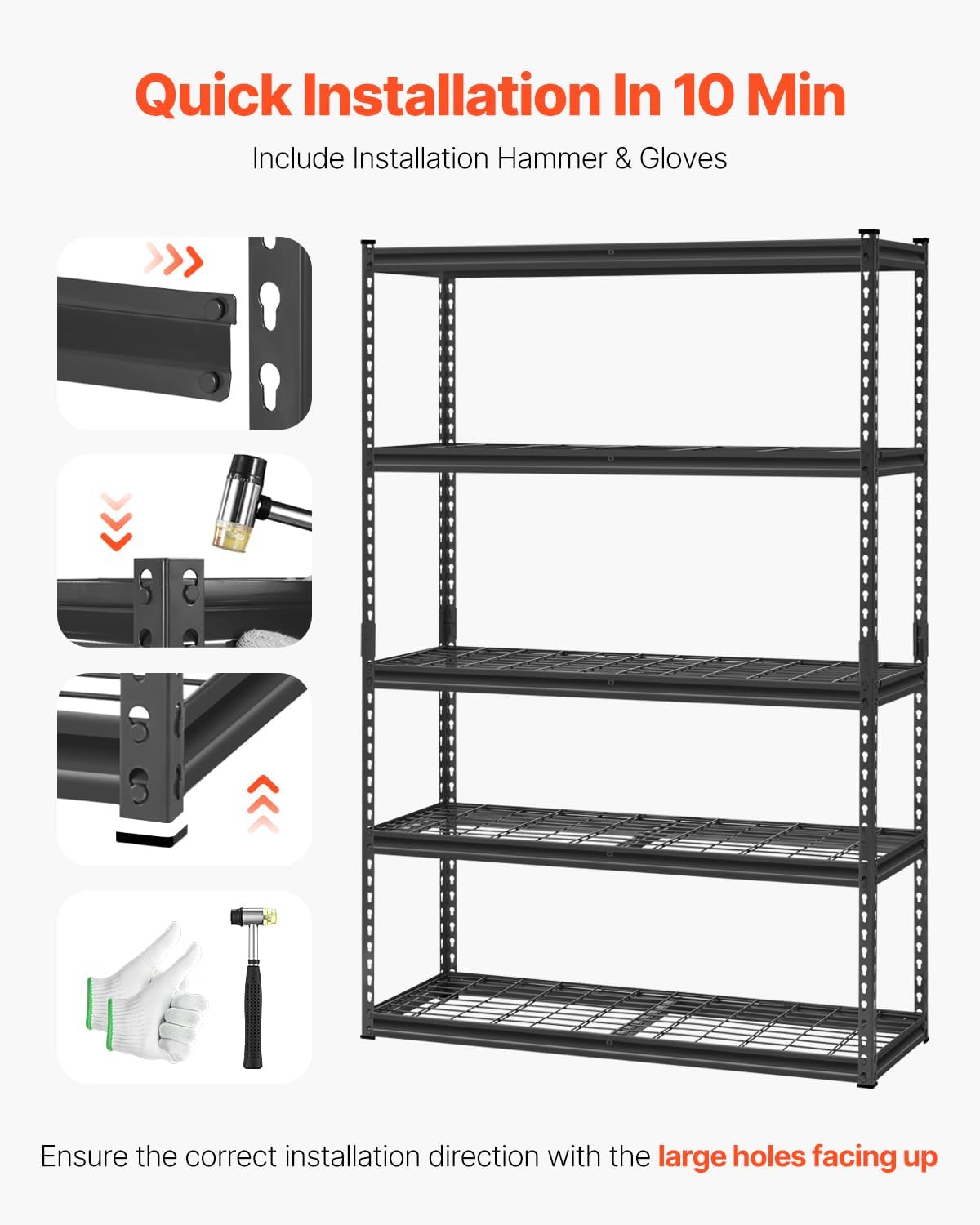 VEVOR Storage Shelves, 2500 lbs, 5 Tier Heavy Duty Garage Shelving, 18' D x 48' W x 72' H Adjustable Metal Shelves for Industrial Shelving Unit Utility Shelf, for Kitchen, Warehouse, Basement, Black