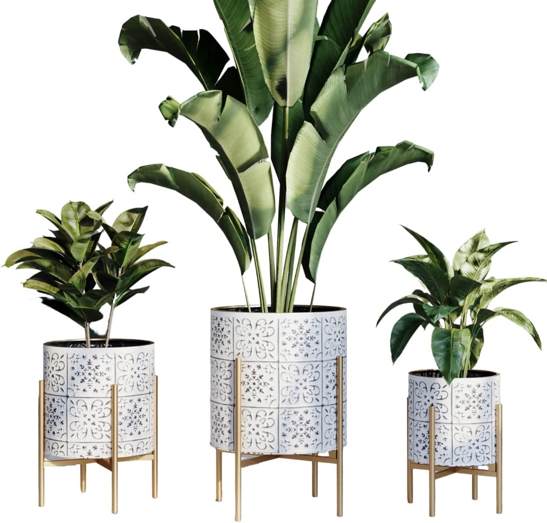 EverNest Tristan White with Black Boho Pattern Plant Pot with Loki Stand, SelectBase Indoor Planter, Neutral Home Decor, Minimalist Artistic Boho Plant Pot (Set of 3, Gold)