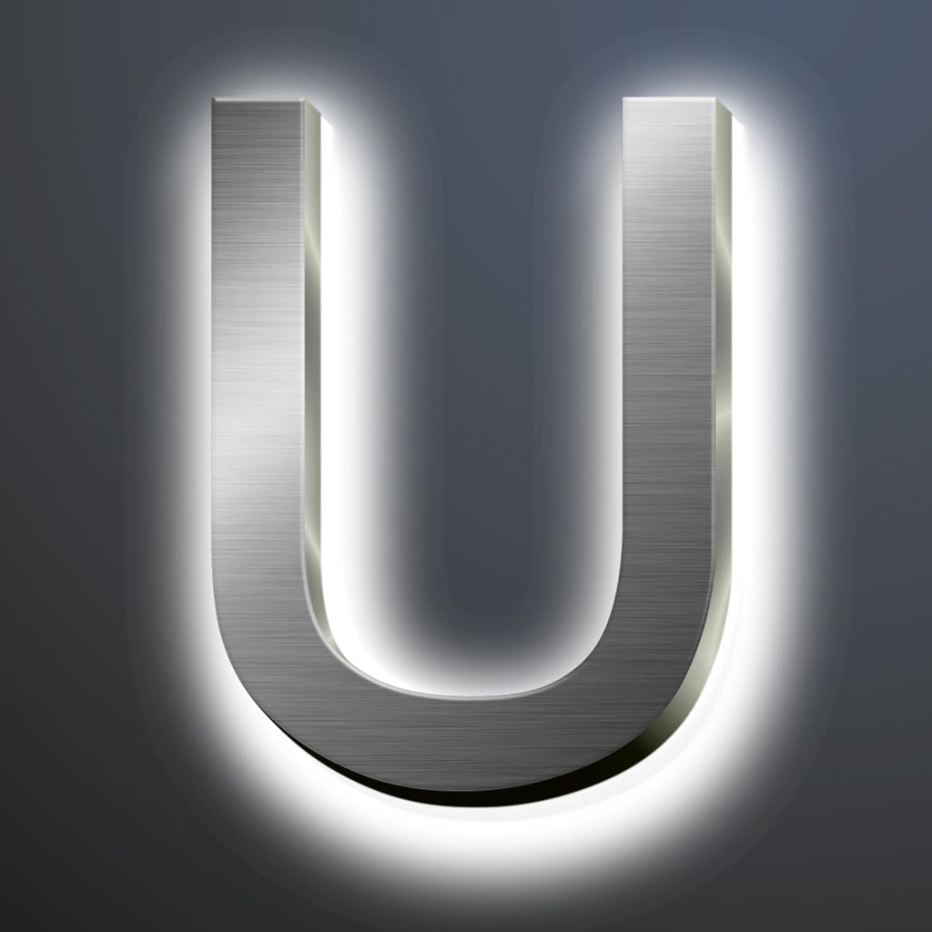 Backlit LED House Numbers For Outside 20', Modern Illuminated Home Address Numbers, Large Metal Lighted Address Numbers Signs For House, Brushed Silver, White Light,U