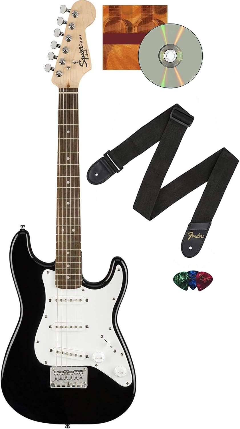 Fender Squier 3/4 Size Kids Mini Strat Electric Guitar Learn-to-Play Bundle with Strap, Picks, Fender Play Online Lessons, and Austin Bazaar Instructional DVD - Black