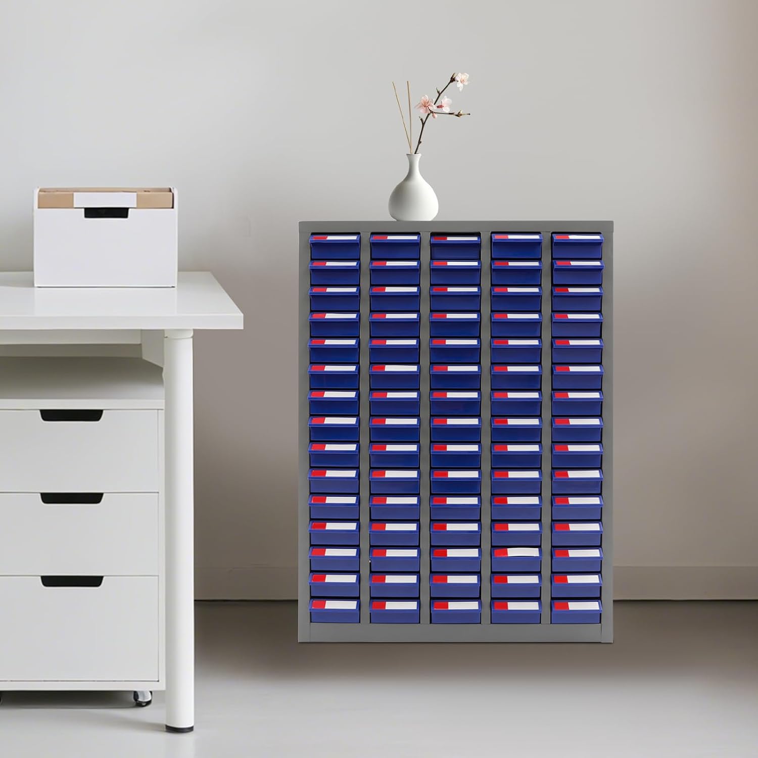 75 Drawers Bolt and Nut Storage Box Parts Cabinet Tool Hardware Storage Nut and Bolt Organizer for Garage Home Office Workshop (Grey and Blue)