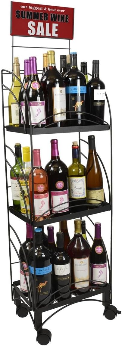 14.5' w Wire Shelving Unit with Locking Wheels, 3 Display Levels, Retail Store Fixture Includes Removable Sign Holder (Black)