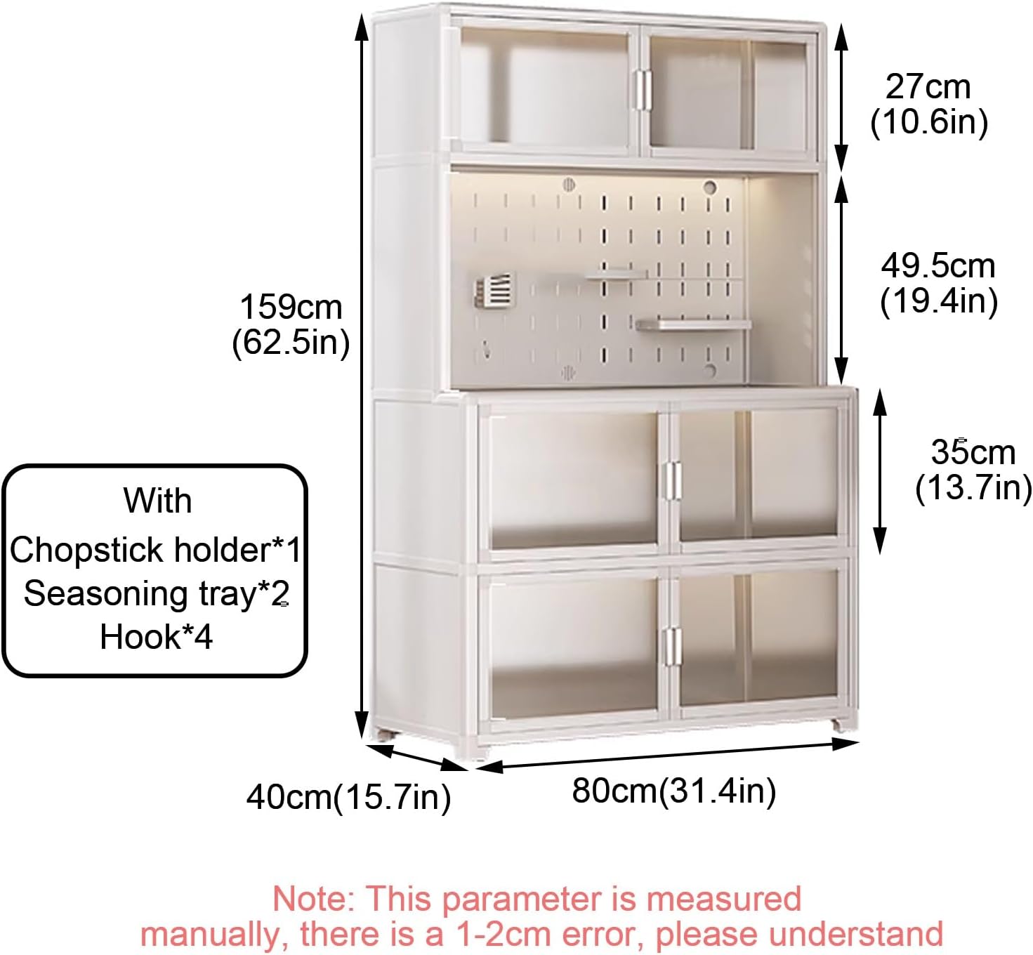 Bakers Rack with Storage, Metal Kitchen Storage Cabinet, Large Capacity, Expanded Space, with Spice Rack X 2, Chopstick Holder X 1, Hook X 4(Black,80cm)