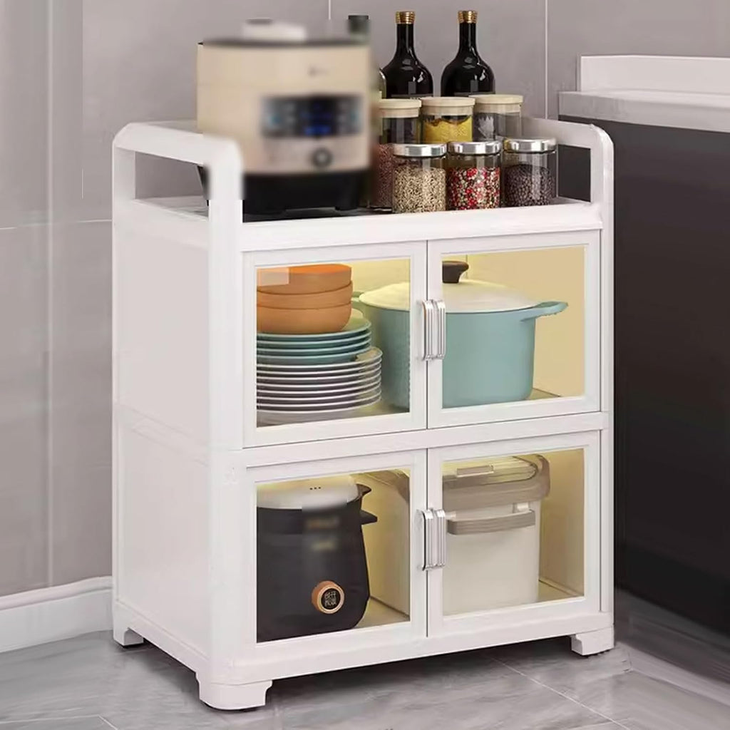 Kitchen Storage Rack with Doors Corner Bakers Racks for Kitchens with Storage Double Door Magnetic Design with Double Rolling Wheels, for Kitchen, Dining Room(White,60 * 40 * 76 cm)