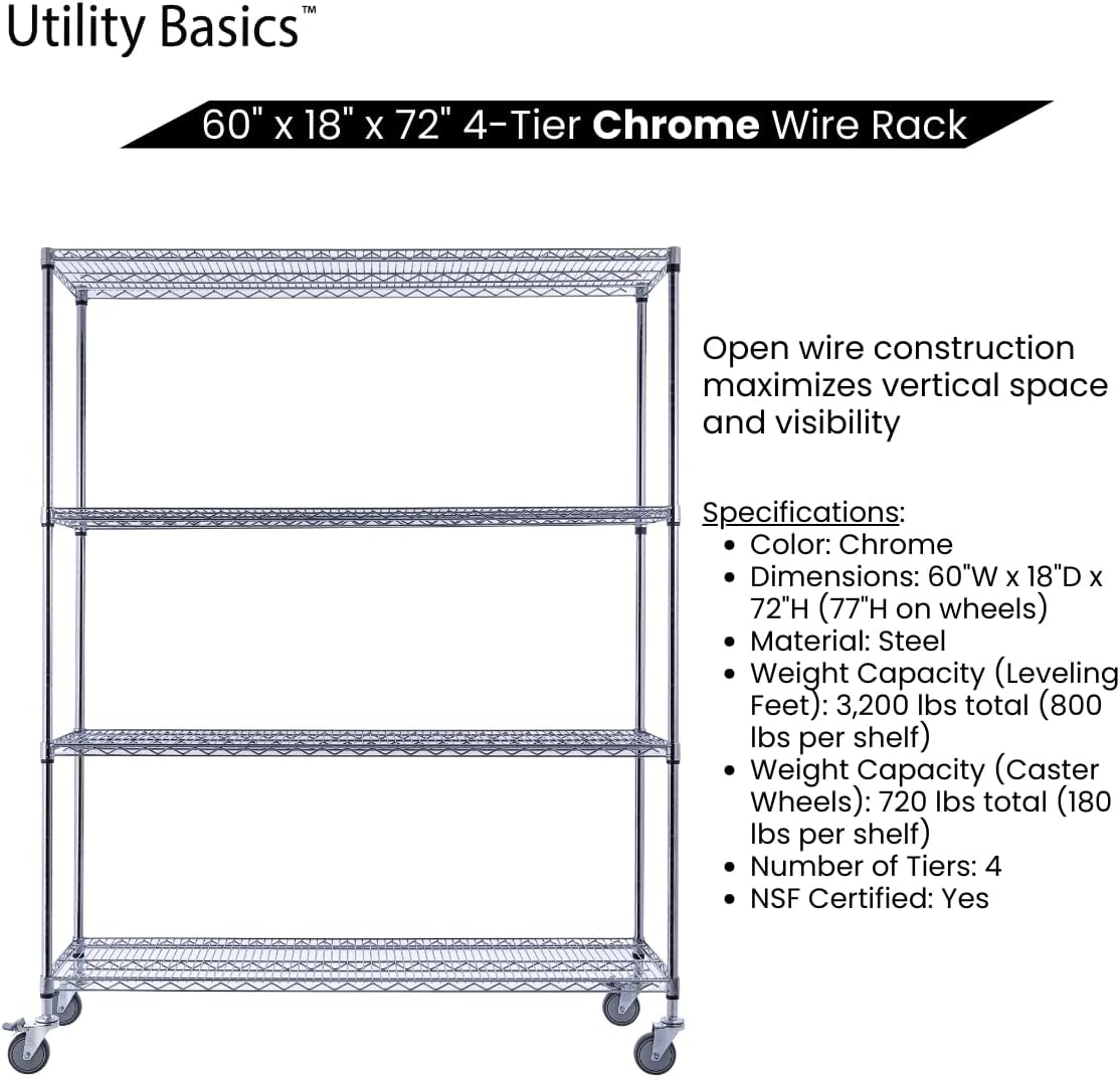 NSF Commercial 4-Tier Wire Shelving with Wheels, 60'x18'x72' Heavy Duty Metal Shelves 3200 lbs Max Capacity, Chrome Storage Rack for Garage Kitchen Pantry Warehouse
