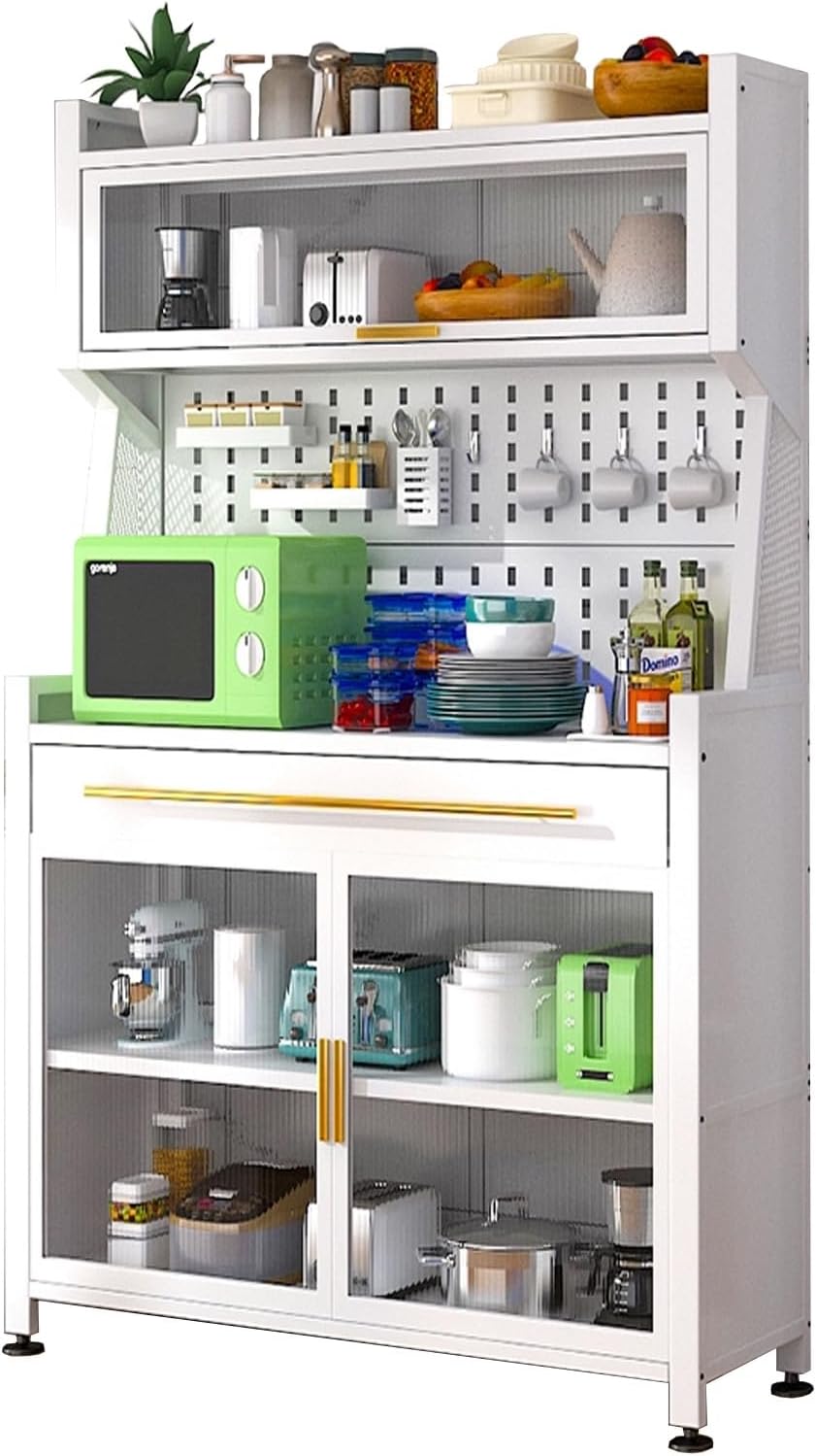 Microwave Stand with Storage, Kitchen Coffee Bar, Bakers Rack with Storage Cabinet, with Drawers, Hooks * 8, Foot Pads * 4(White,60cm)