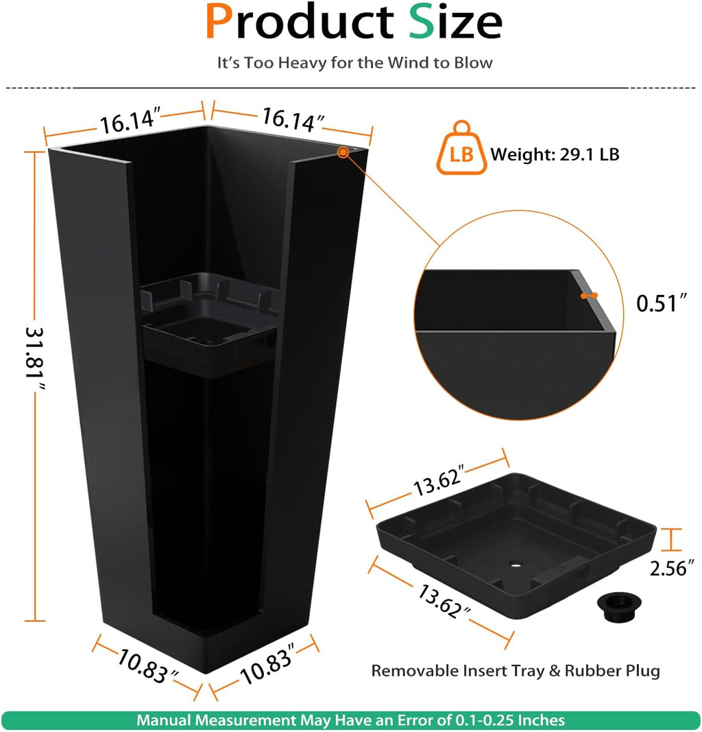Heyzier Tall Planters for Outdoor Plants, Large Resin Flower Pots for Garden, Front Porch, Patio, Indoor - Set of 2 (Black, 32 inch - 2 Pack)
