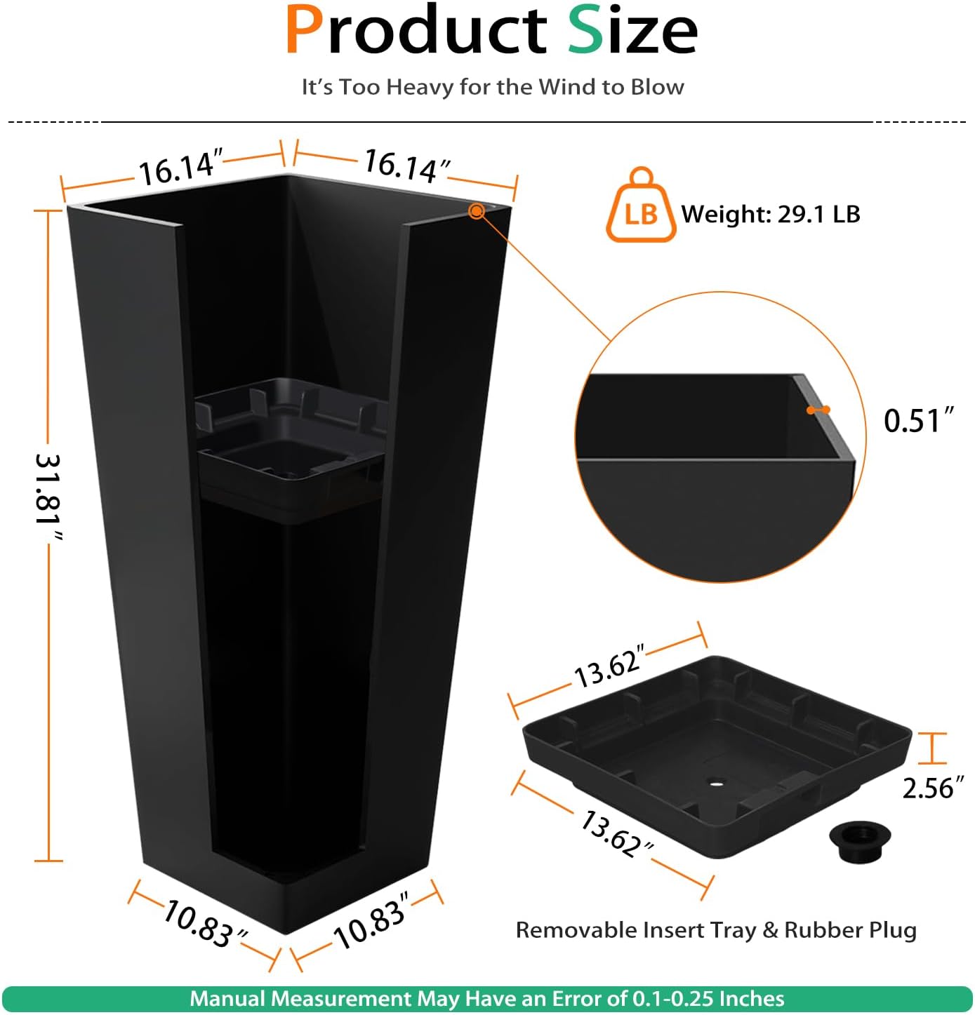 Heyzier Tall Planters for Outdoor Plants, Large Resin Flower Pots for Garden, Front Porch, Patio, Indoor - Set of 2 (Black, 32 inch - 2 Pack)