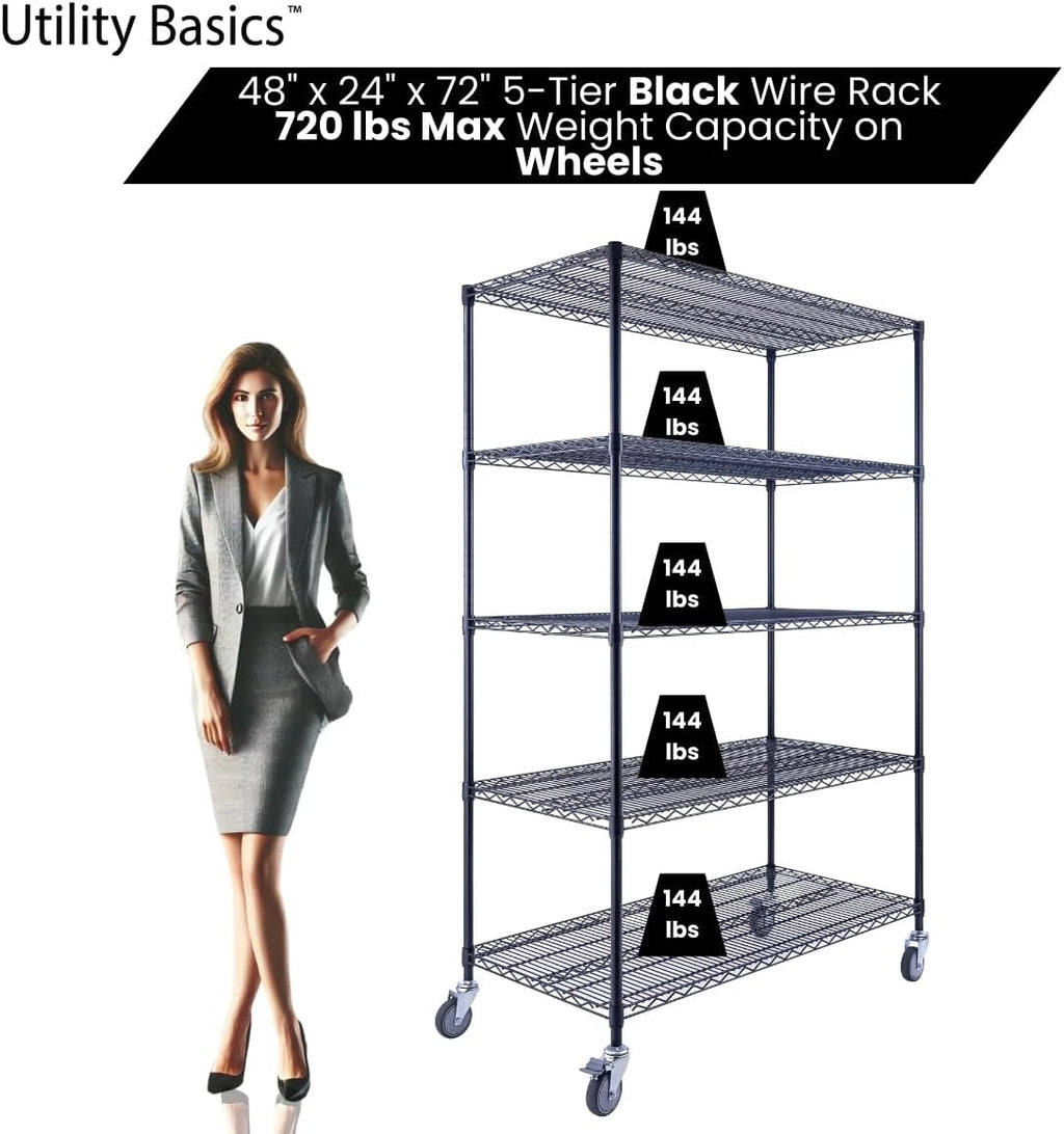 NSF Commercial 5-Tier Wire Shelving with Wheels, 48'x24'x72' Heavy Duty Metal Shelves 4000 lbs Max Capacity, Black Storage Rack for Garage Kitchen Pantry Warehouse