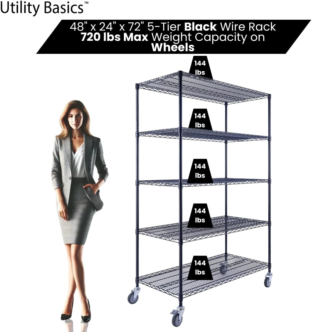 NSF Commercial 5-Tier Wire Shelving with Wheels, 48'x24'x72' Heavy Duty Metal Shelves 4000 lbs Max Capacity, Black Storage Rack for Garage Kitchen Pantry Warehouse