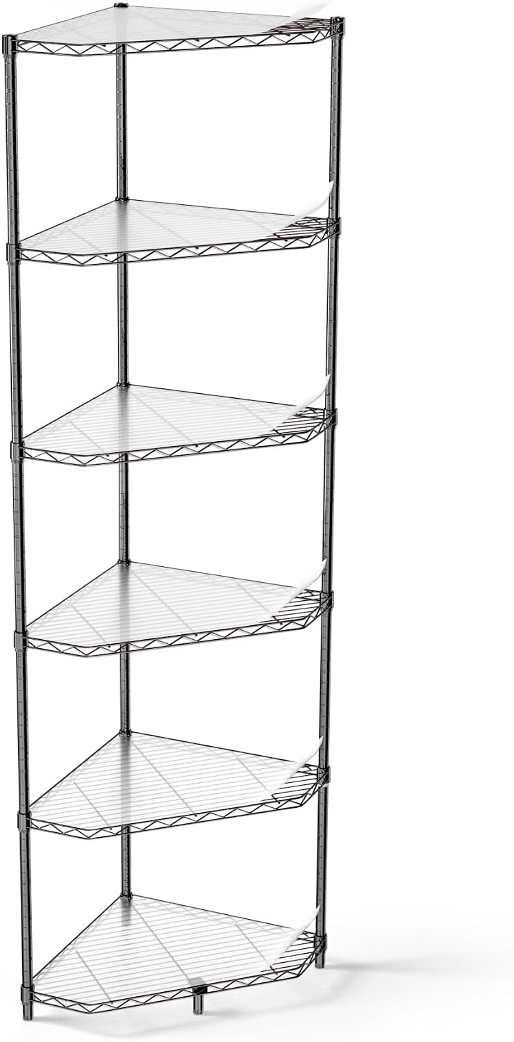 Black Pentagonal-Shape 600lbs 6 Tier Corner Shelf NSF Metal Wire Shelving Unit, Adjustable, with Leveling Feet and Waterproof Shelf Liners for Garage, Kitchen, and More - 20' L x 20' D x 72' H