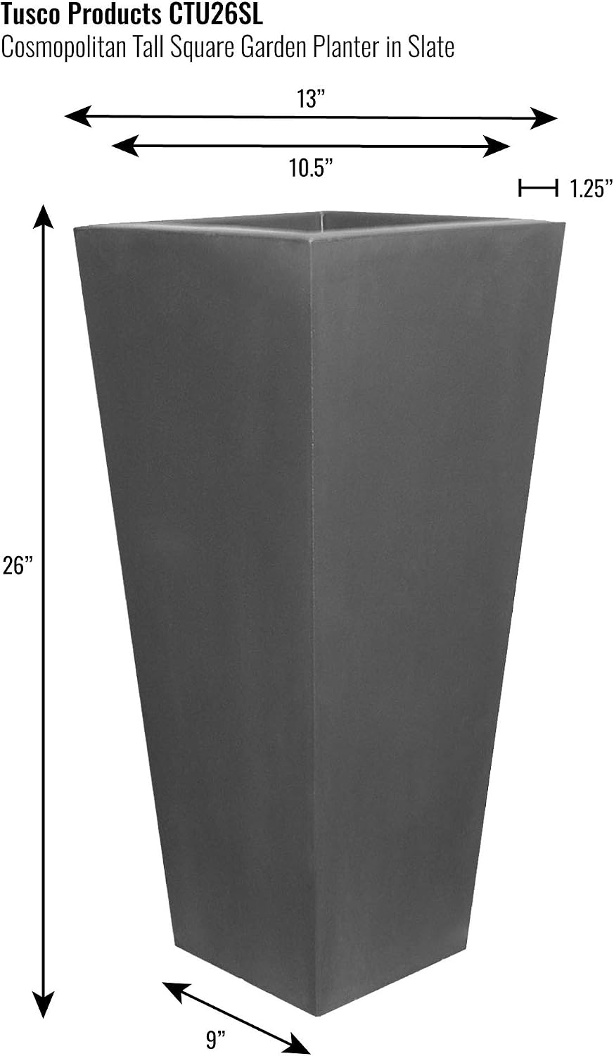 Tusco Products CTU26SL Cosmopolitan Square Garden Planter, 26-Inch, Slate