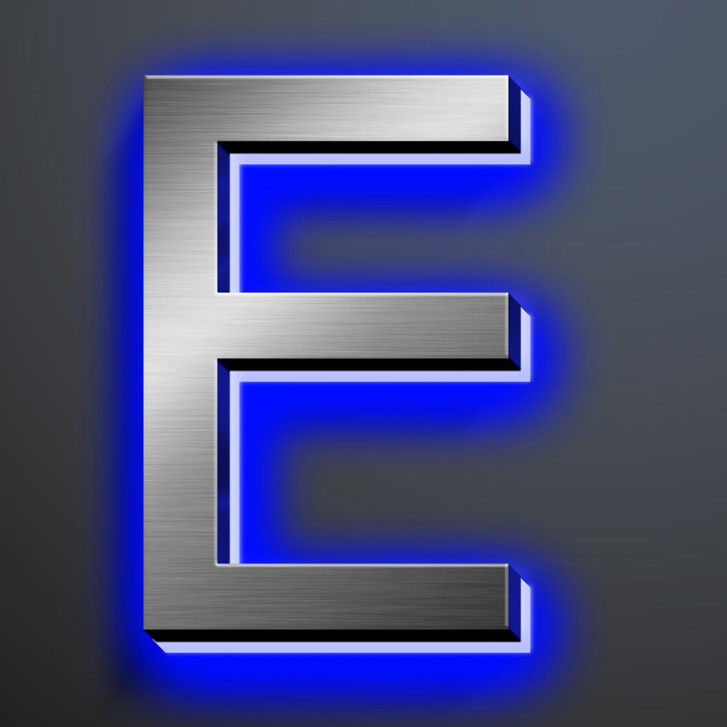 Illuminated House Numbers 18 Inch, Backlit Illuminated LED House Address Numbers For Outside, Modern Metal Lighted Address Numbers Signs, Brushed Silver, Blue Light,E