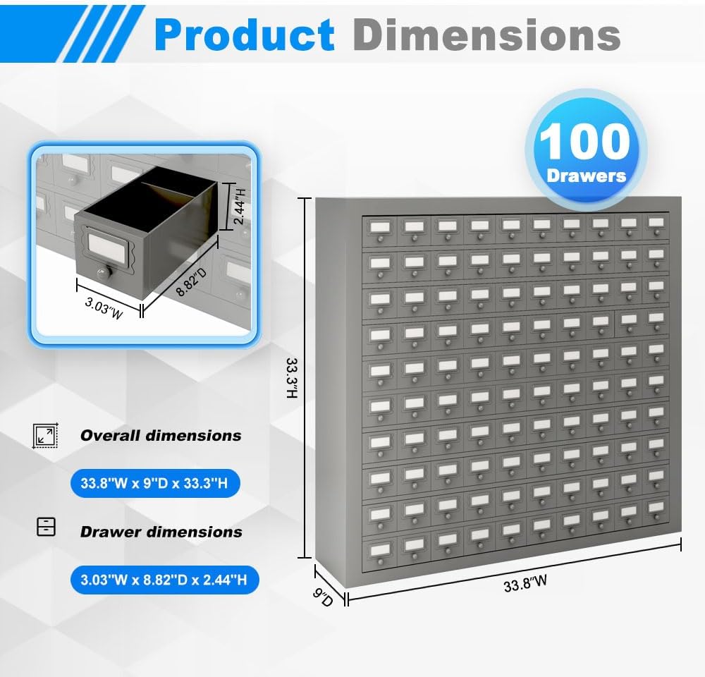 Yeeoy 100 Drawers Parts Cabinet, Steel Drawer Storage Cabinet, Bolt and Nut Tool Storage Cabinet for Hardware Storage & Garage Organization, Gray Powder Coat Finish