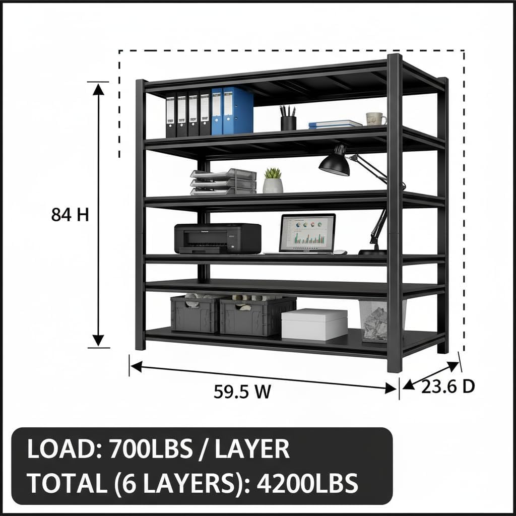 Metal Shelving Adjustable Shelves Heavy Duty Garage Storage Shelving Unit Black Steel for Office Garage Classroom Warehouse Studio 84' H x 59.5' W x 23.6' D 4200LBS 6-Tier