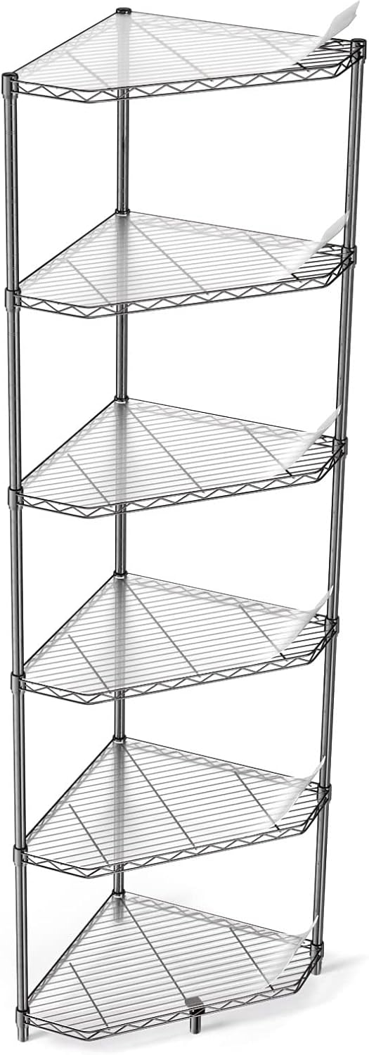 6 Tier NSF Metal Shelf Pentagonal Corner Wire Shelving Unit, 600lbs Capacity Heavy Duty Adjustable Storage Rack with Shelf Liners for Kitchen Garage Office Etc Room Corner, 72'H x 20'L x 20'D - Black