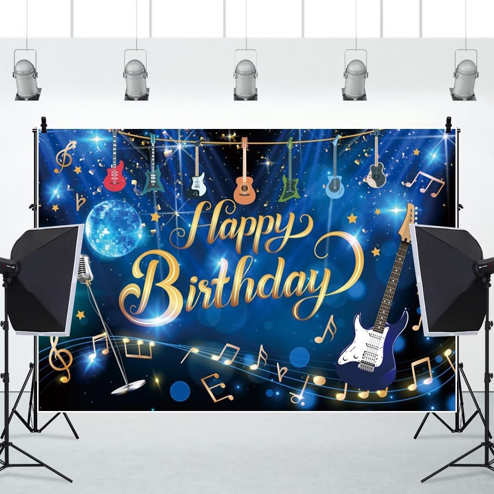 20x10ft Musical Note Guitar Happy Birthday Backdrop Rock and Roll Happy Birthday Party Decorations for Boys Girls Karaoke Themed Banner Supplies Photo Booth Props