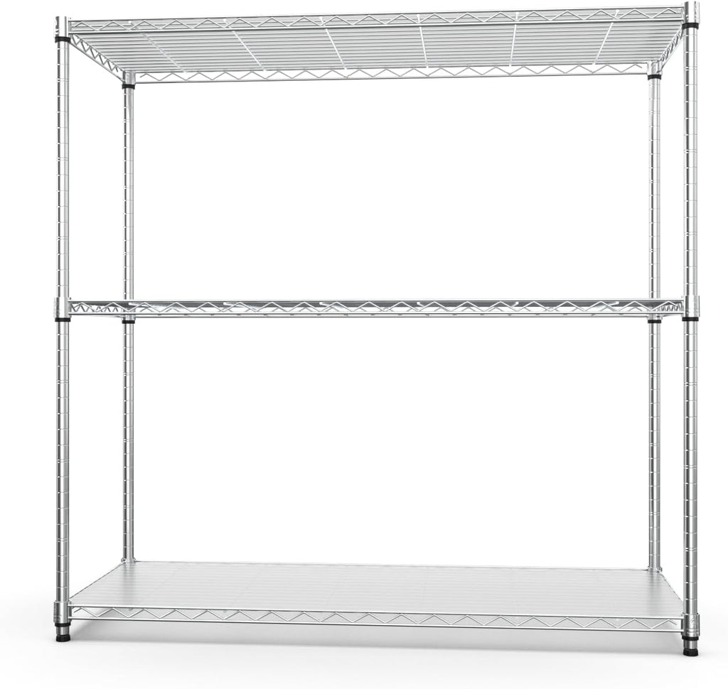 3 Tier NSF Wire Shelf Shelving Unit, 18 x 48 x 48 Inch 1050lbs Capacity Heavy Duty Adjustable Storage Metal Rack with Leveling Feet & Shelf Liners, Ideal for Garage, Kitchen, Office and More - Chrome