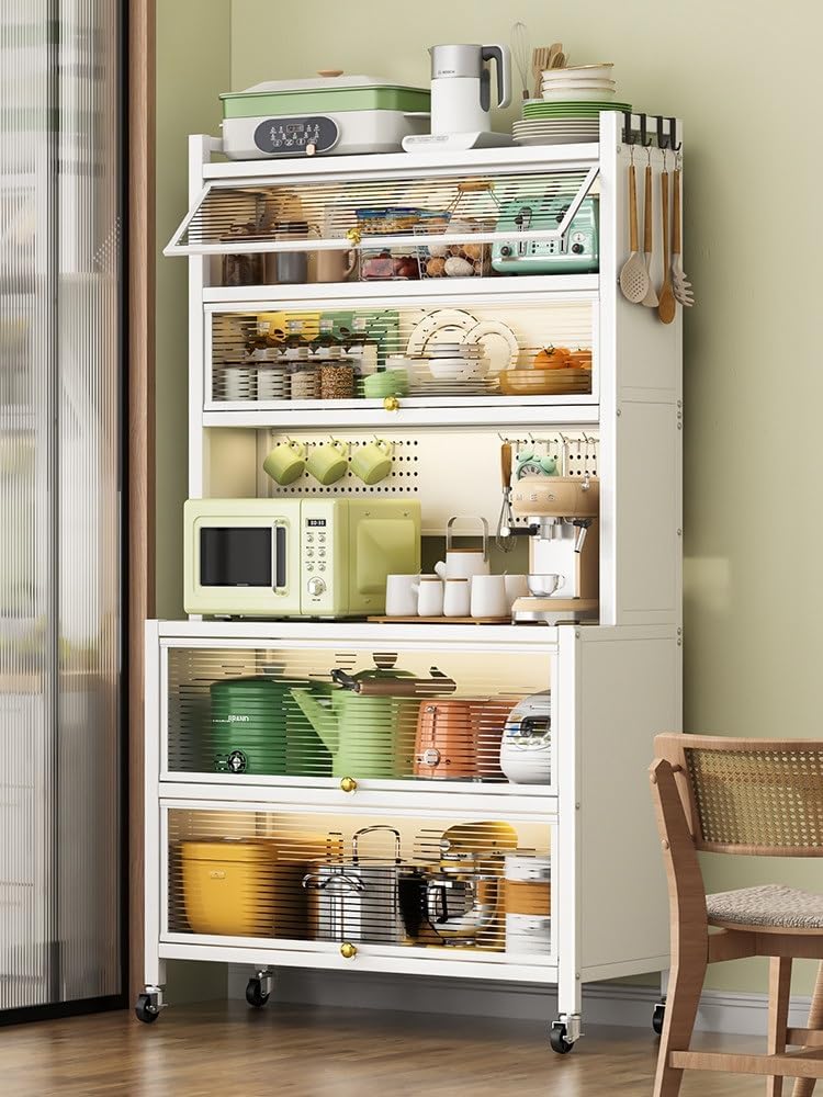 White Baker's Rack with Storage Drawer - Microwave Stand Cabinet, Metal Shelves for Kitchen, Garage, Pantry, Spices, Flip Door Pegboard Accessories, Space-Saving Organize,White,80cm/32in