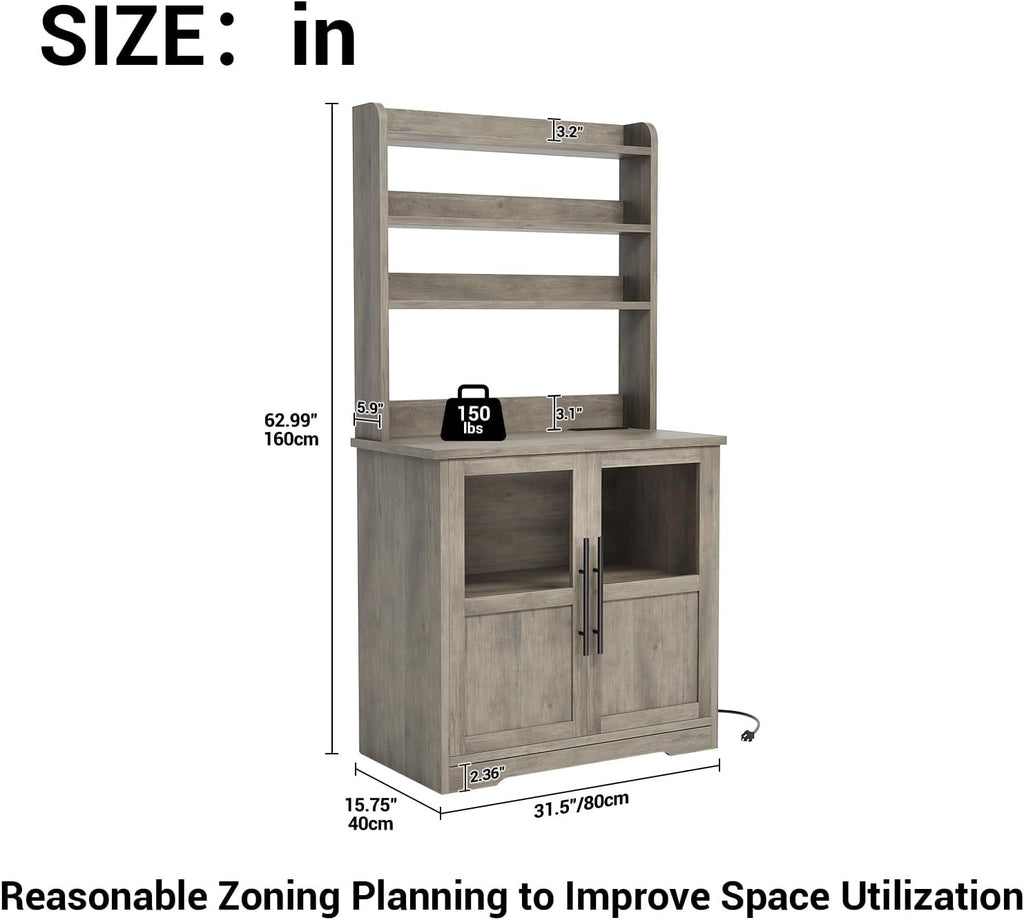 6-Tier Kitchen Bakers Rack,Storage, Power Outlet, and Glass Doors,Freestanding Farmhouse Coffee Bar Cabinet for Kitchen, Living Room, Dining Room,Gray