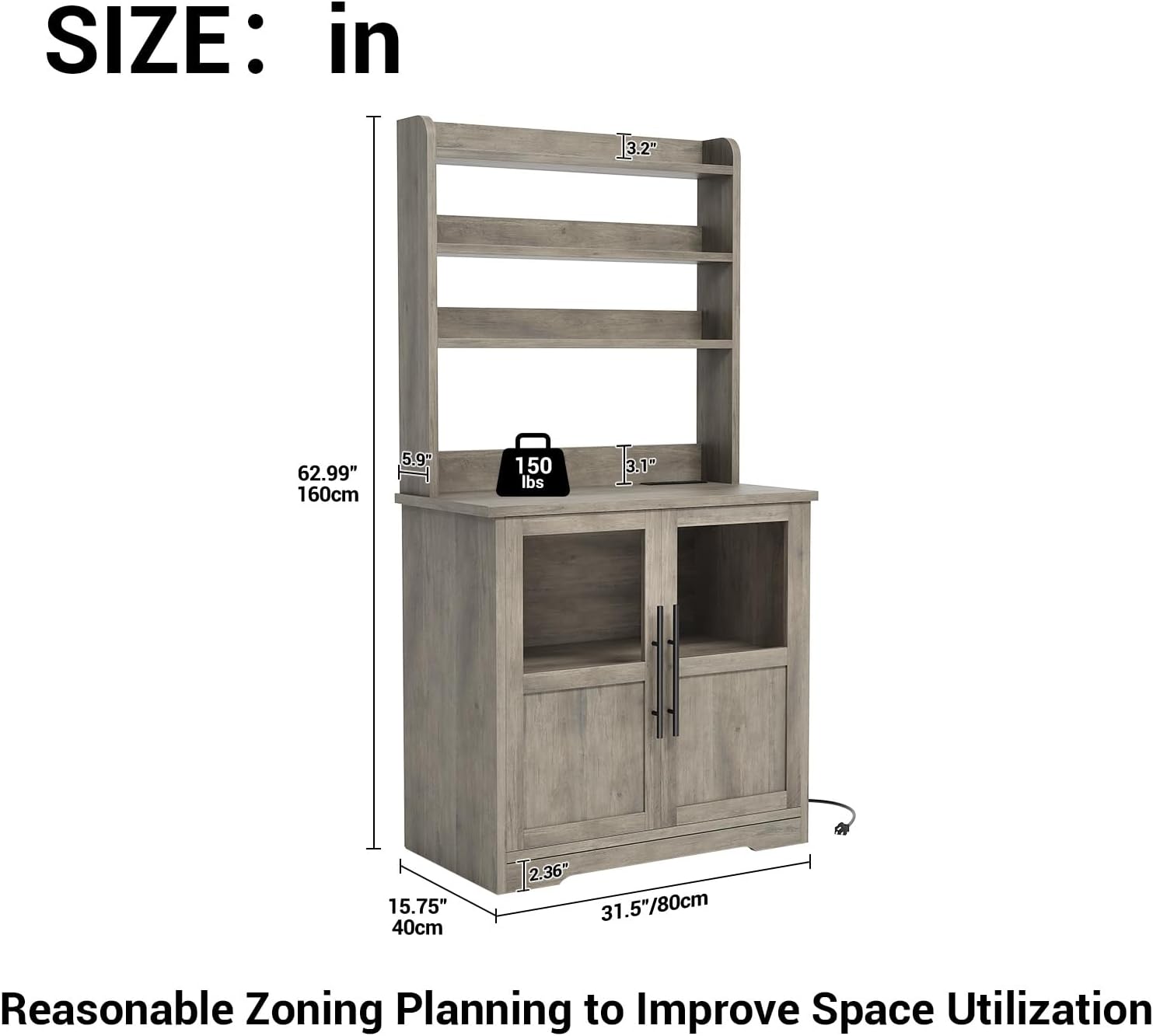 6-Tier Kitchen Bakers Rack,Storage, Power Outlet, and Glass Doors,Rustic Wood Coffee Hutch, Microwave Stand with 3 Open Shelves for Kitchen, Living Room, Dining Room,Gray