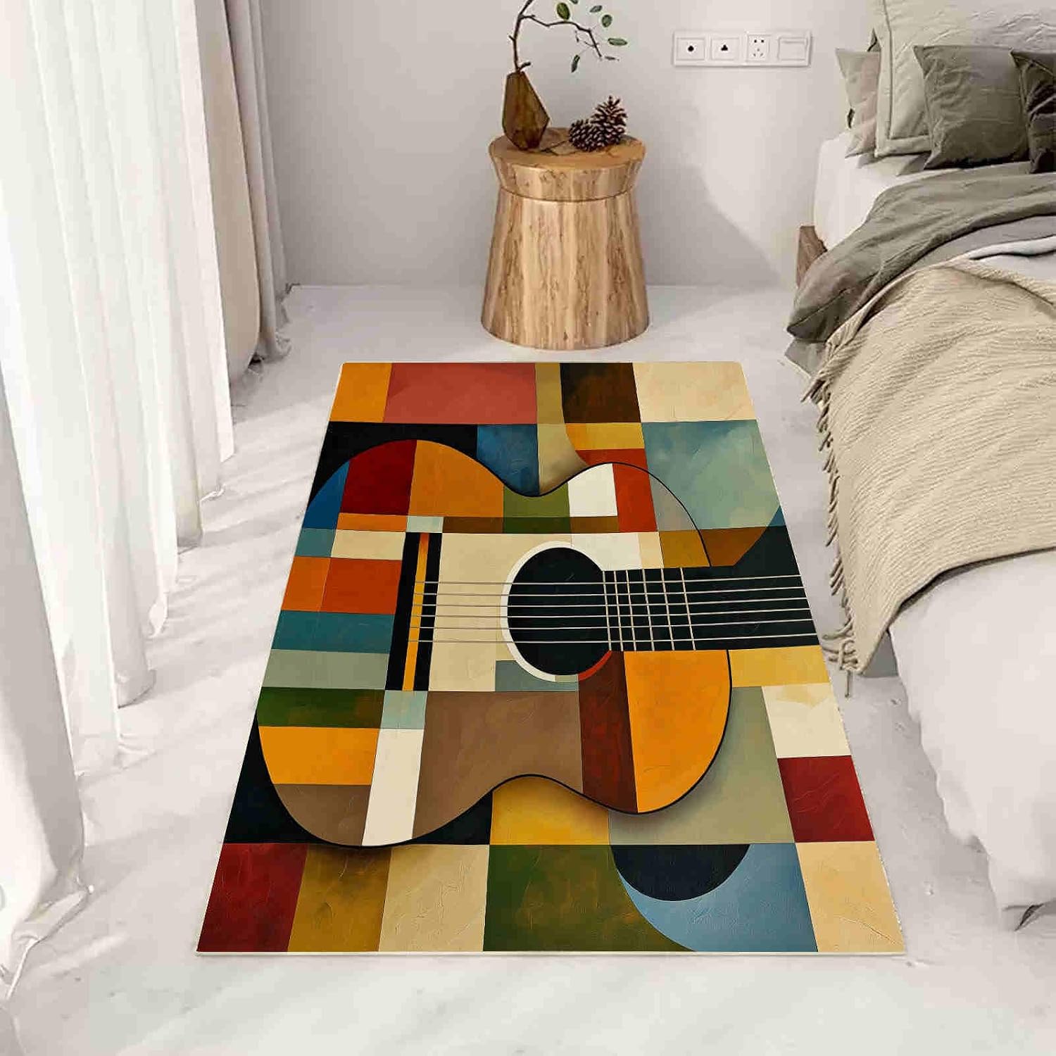 Vibrant Geometric Guitar Segments Washable Area Carpet 5x6ft Colorful Patchwork Motifs Living Room Rugs Non-Slip Rugs Mustard Yellow Bedroom Rug Decorative Carpet, for Dining Room Washable Rug