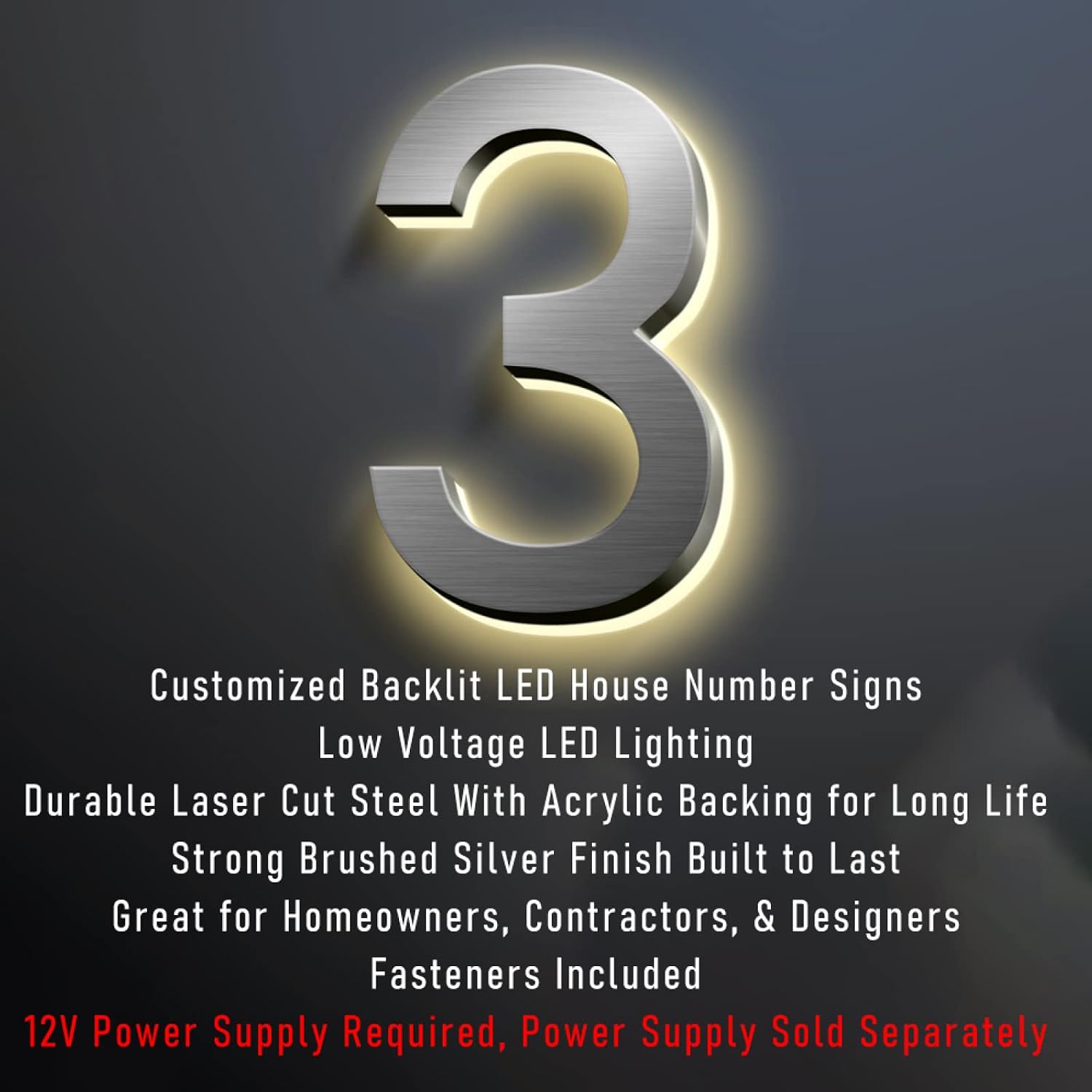 Backlit Illuminated LED House Numbers Signs 40cm, Stainless Steel Modern Lighted Up Address Numbers For Outside, Waterproof, Easy To Install,U