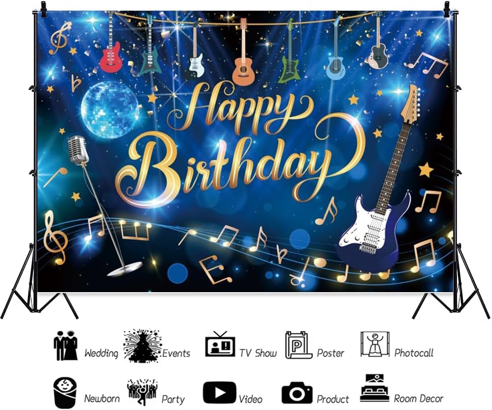 20x10ft Musical Note Guitar Happy Birthday Backdrop Rock and Roll Happy Birthday Party Decorations for Boys Girls Karaoke Themed Banner Supplies Photo Booth Props