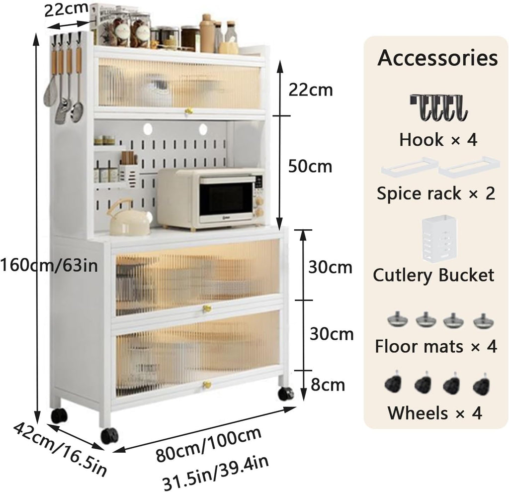 Bar Hutch with Flip Door, 5 Tier Bakers Rack, Storage Hutch for Kitchen with 4 Hooks for Home, Living Room, Dining Room(White/Black)
