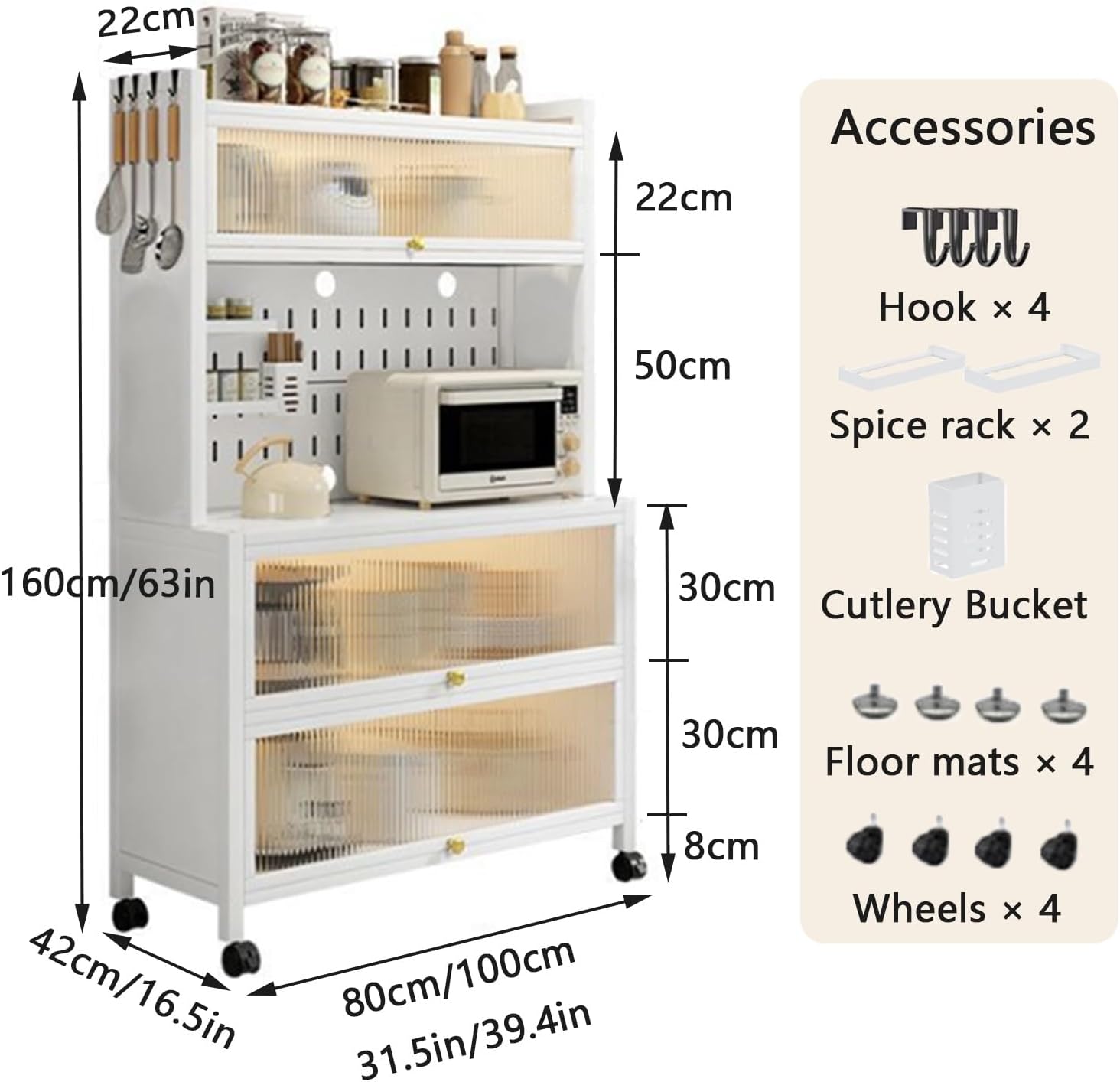 Bar Hutch with Flip Door, 5 Tier Bakers Rack, Storage Hutch for Kitchen with 4 Hooks for Home, Living Room, Dining Room(White/Black)