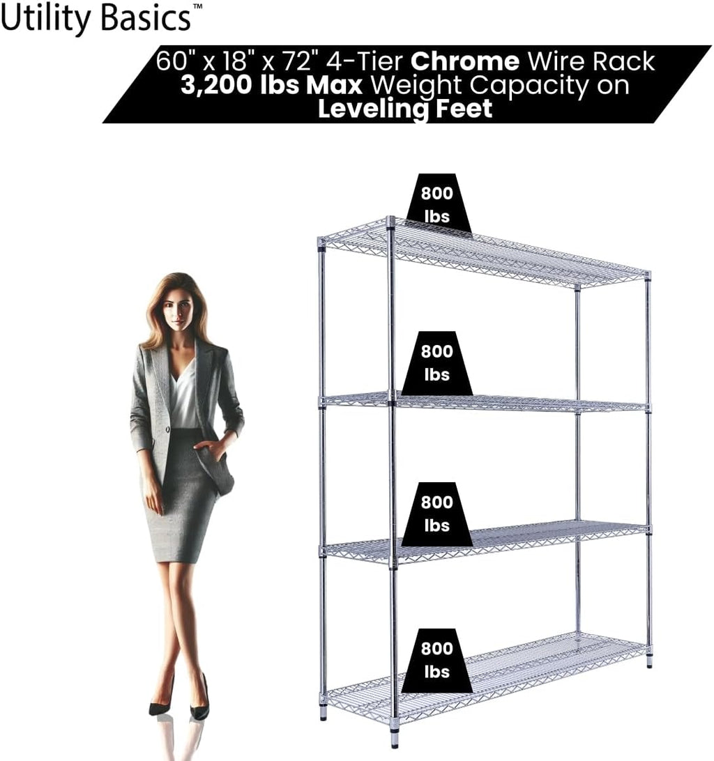 NSF Commercial 4-Tier Wire Shelving with Wheels, 60'x18'x72' Heavy Duty Metal Shelves 3200 lbs Max Capacity, Chrome Storage Rack for Garage Kitchen Pantry Warehouse