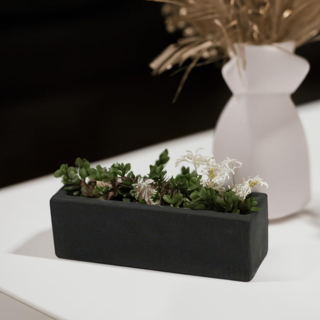 WGVI Long Rectangle Ceramic Planter Vase in Black 12' x 4' x 4'H, Block Rectangular Terrarium Box Pot, Flower Arrangement, Table top Centerpiece, Home Decor Organization Storage Container, 6 Pcs.
