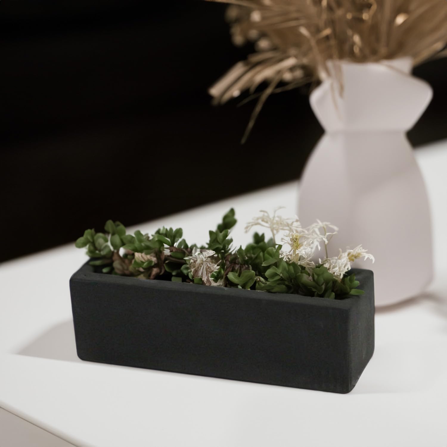WGVI Long Rectangle Ceramic Planter Vase in Black 12' x 4' x 4'H, Block Rectangular Terrarium Box Pot, Flower Arrangement, Table top Centerpiece, Home Decor Organization Storage Container, 6 Pcs.