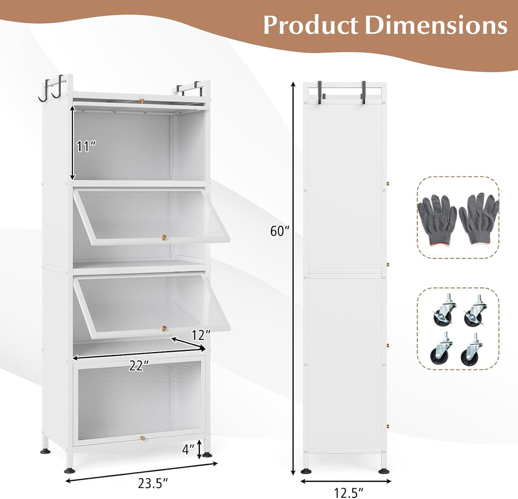 LDAILY 5-Tier Kitchen Storage Cabinet, Mobile Microwave Stand with Metal Frame, Double Anti-toppling Device, 4 Rolling Casters, Freestanding Bakers Rack for Kitchen, Dining Room, Living Room (White)