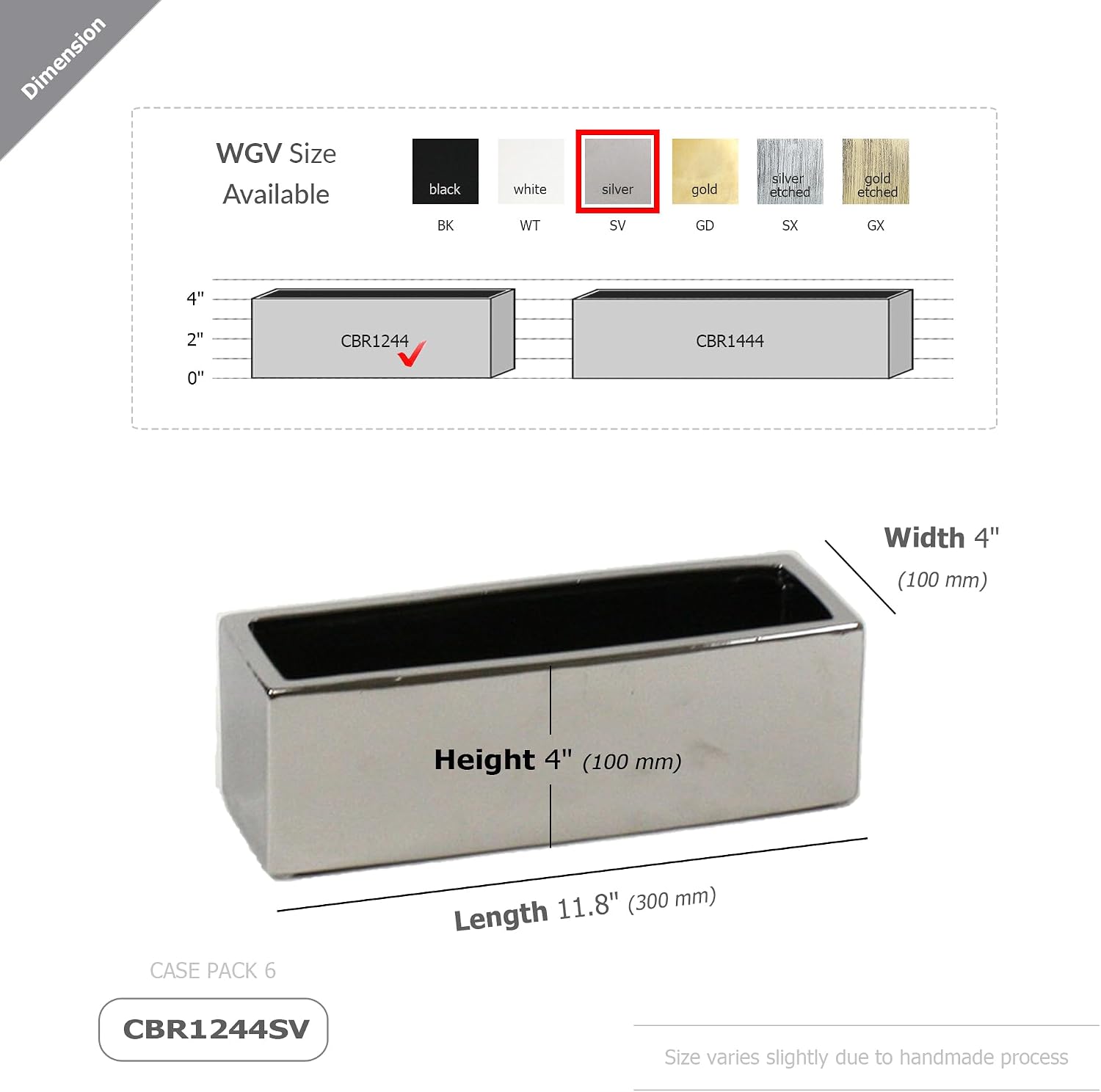 WGVI Long Rectangle Ceramic Planter Vase in Silver 12' x 4' x 4'H, Block Rectangular Terrarium Box Pot, Flower Arrangement, Table top Centerpiece, Home Decor Organization Storage Container, 6 Pcs.