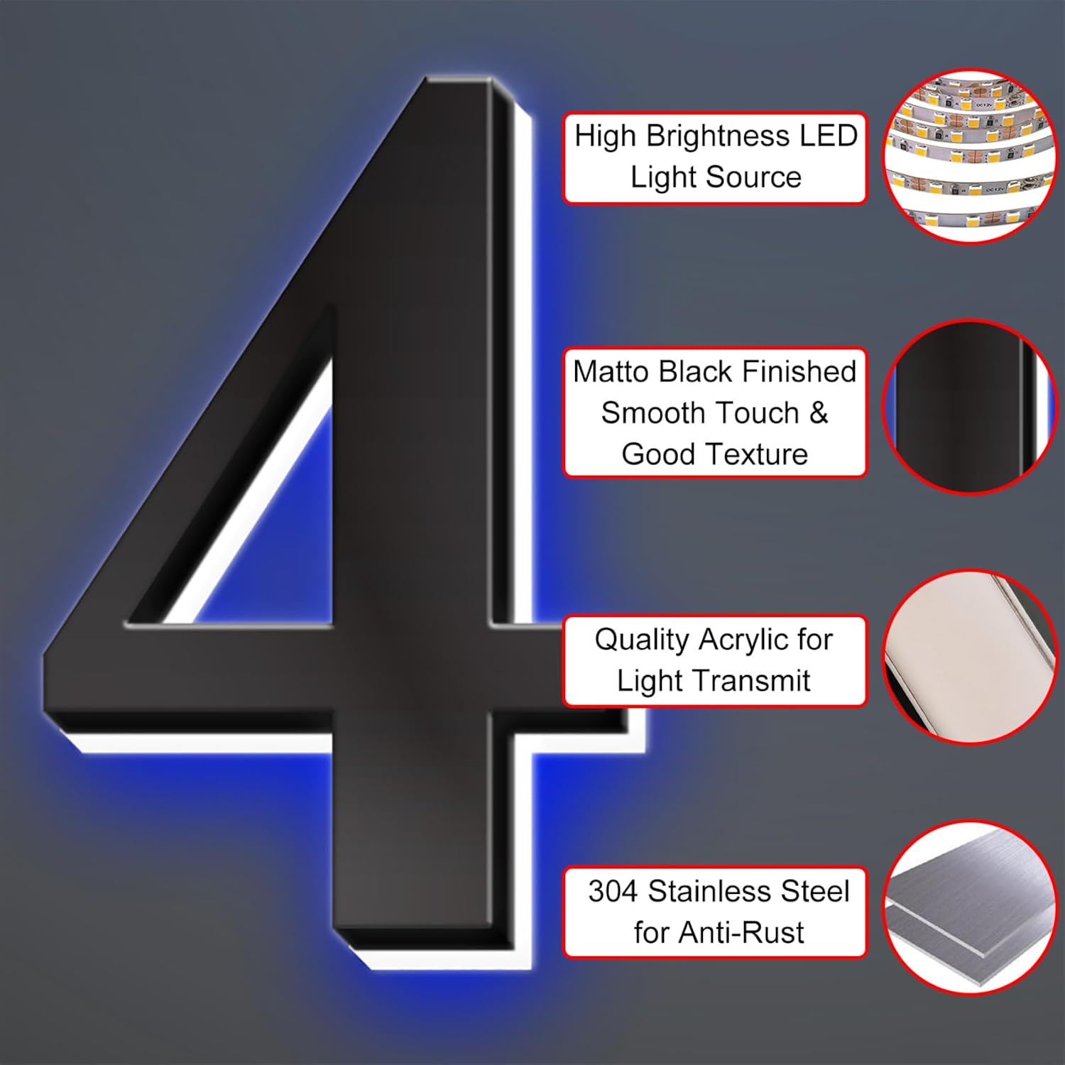 Backlit Lighted LED Home Address Numbers, Stainless Steel House Address Signs, Modern Illuminated LED House Numbers, Lighted House Numbers For Outside,14 Inch/350mm,7