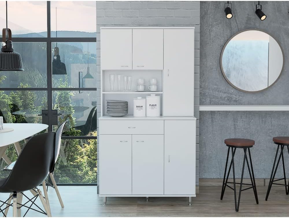 66' High-Capacity Freestanding Storage Cabinet, Kitchen Storage Bakers Rack with Multi-Shelves, Utility Food Cupboard with Drawer for Home Kitchen Areas, White