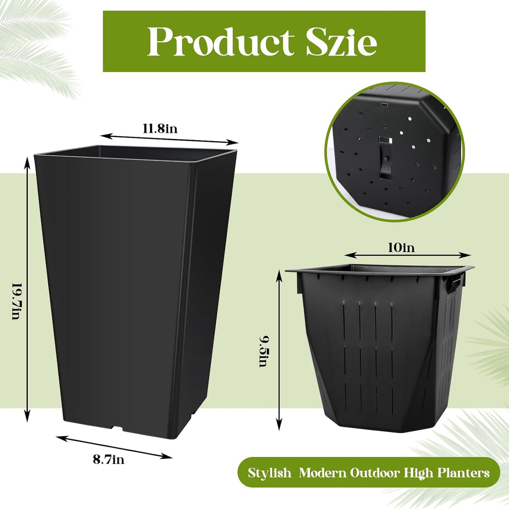 Yungyan 4 Set Tall Outdoor Planters + Baskets (Self Watering) (20 H) | Black Tall Front Porch Planters for Outdoor and Indoor(4 Set,Baskets (self Watering))