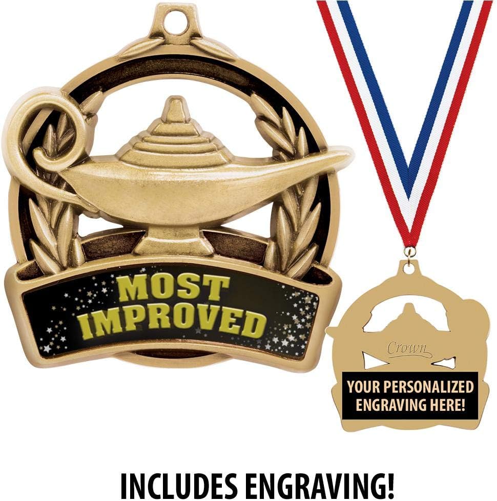 Most Improved Medals, 2' Lamp of Learning Most Improved Medal Awards with Custom Engraving Prime