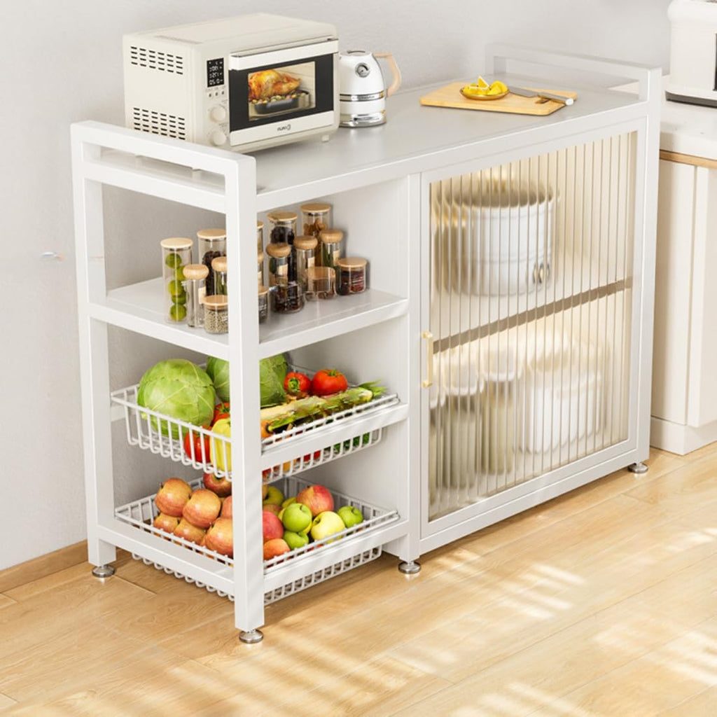 LITFAD Baker's Rack with Cabinets, 2 Baskets, Steel Frame, Modish Style Kitchen Storage Cabinet Freestanding Coffee Shelf Rack Organizer for Home Office, White 31.5' L x 12.5' W x 31.5' H