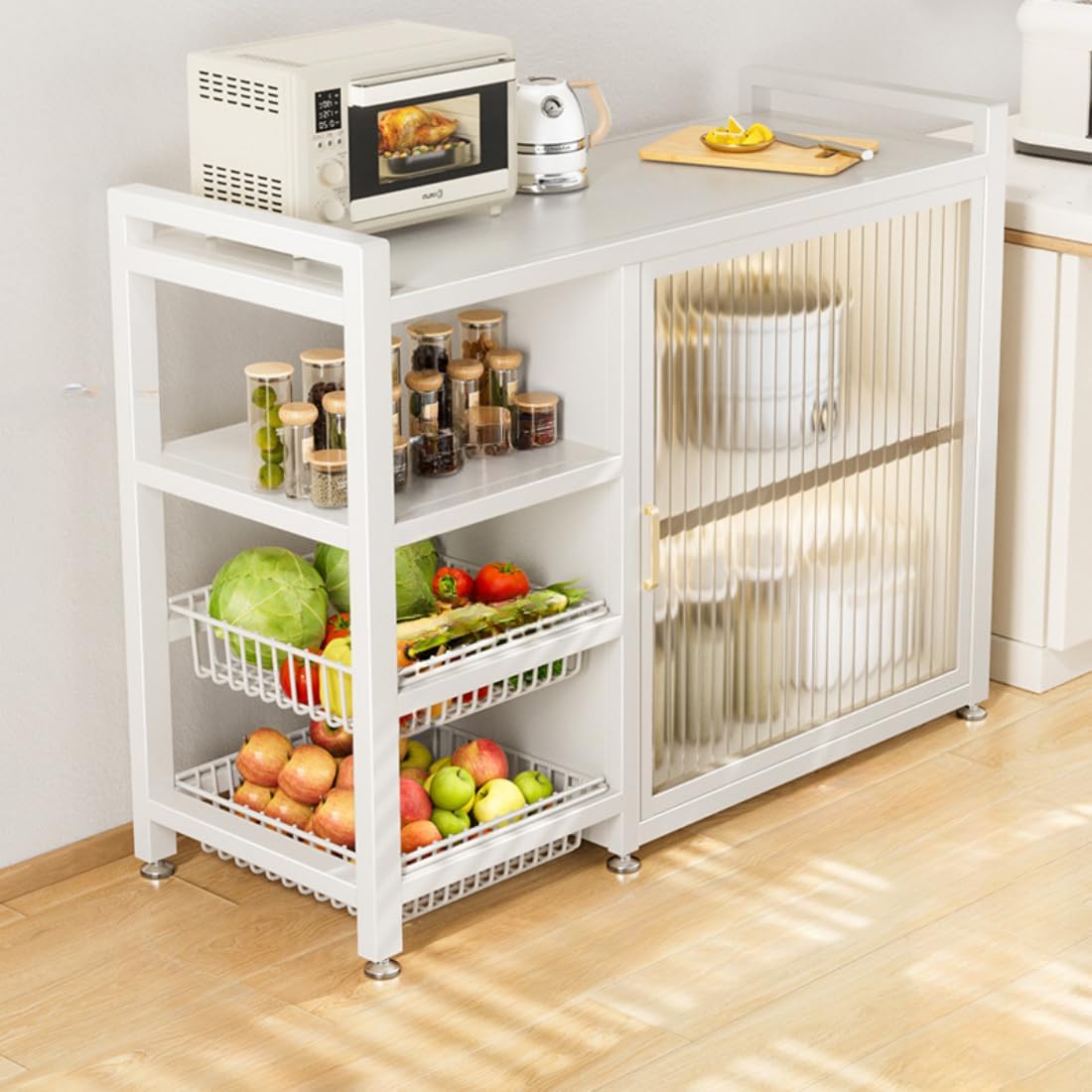 LITFAD Baker's Rack with Cabinets, 2 Baskets, Steel Frame, Modish Style Kitchen Storage Cabinet Freestanding Coffee Shelf Rack Organizer for Home Office, White 31.5' L x 12.5' W x 31.5' H