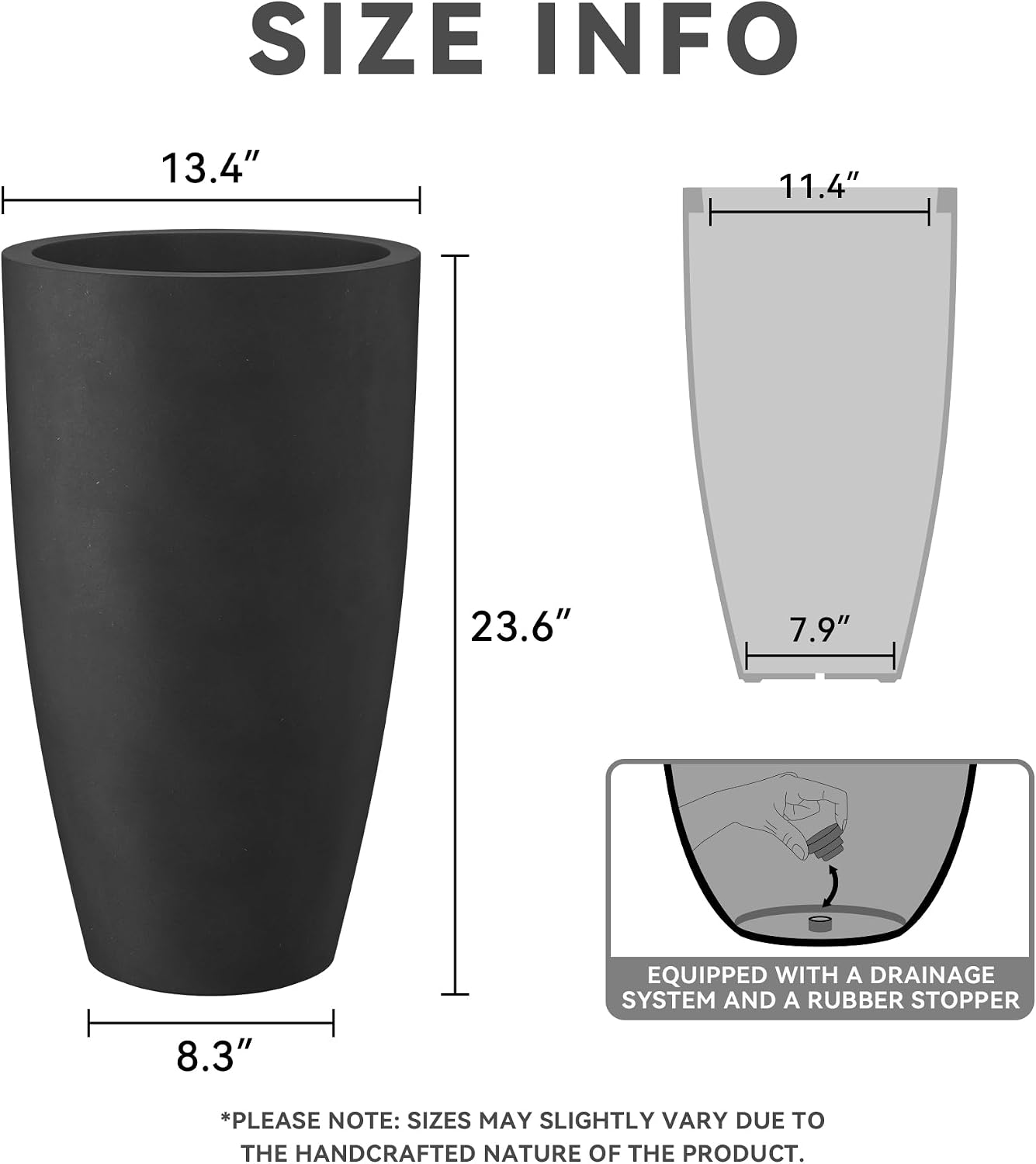 Kante 23.6' H Black Finish Concrete Tall Planters Large Outdoor Indoor Decorative Plant Pots with Drainage Hole and Rubber Plug, Modern Tapered Style for Home and Garden