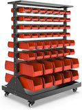 Metal Bin Storage Rack on Wheels, Dual Sided Steel Parts Organizer, 104 Bins for Nut Bolt Hardware, Heavy Duty Double Sides Shelf for Auto Repair Shop Garage Warehouse Workshop, 35.4' x 23.6' x 47.4'