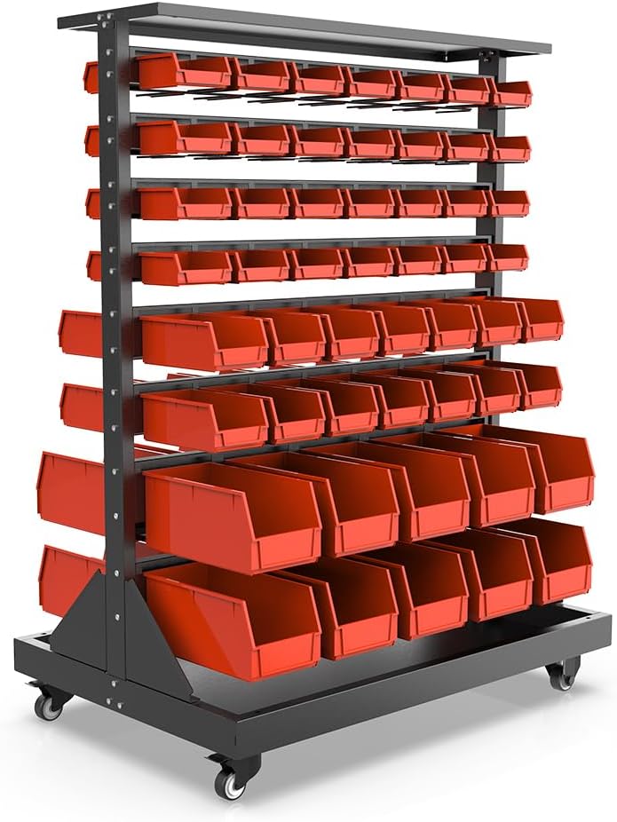 Metal Bin Storage Rack on Wheels, Dual Sided Steel Parts Organizer, 104 Bins for Nut Bolt Hardware, Heavy Duty Double Sides Shelf for Auto Repair Shop Garage Warehouse Workshop, 35.4' x 23.6' x 47.4'
