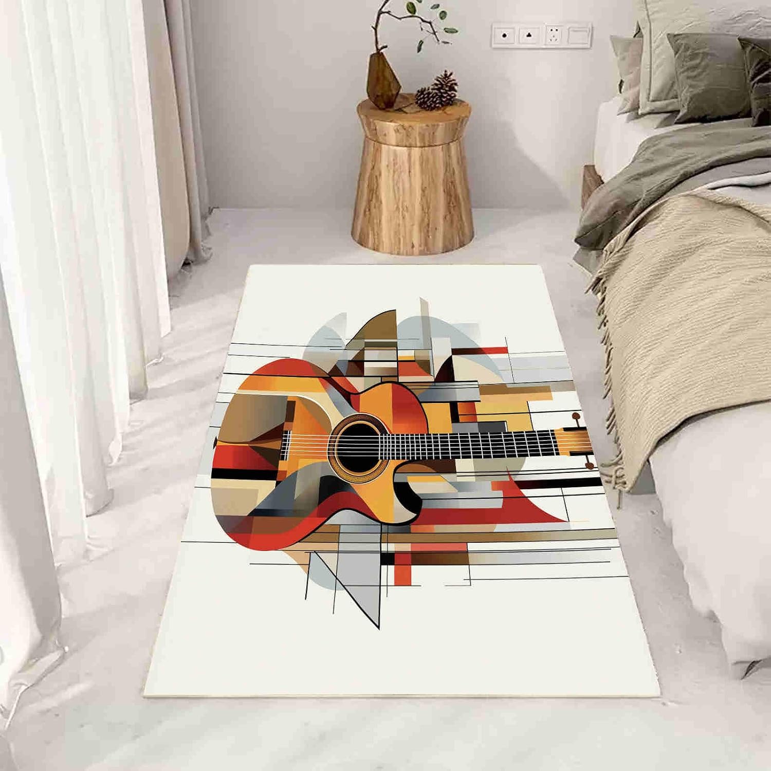 Abstract Geometric Guitar Design 5x7 Area Rugs Washable Minimalist Line Motifs Kids Rug for Bedroom Home Decor Carpet Amber Rugs Indoor Non-Slip Low Pile Rug
