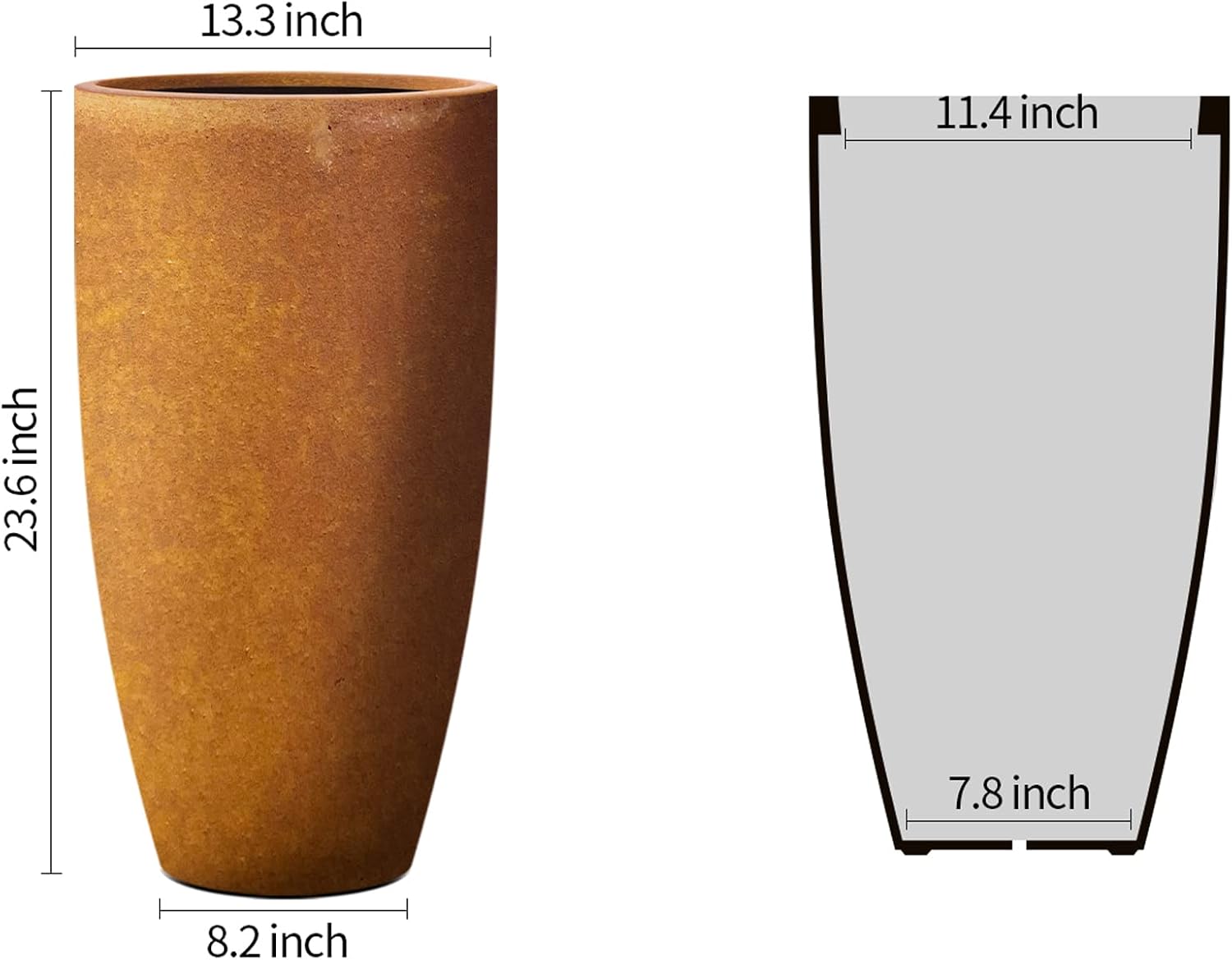 Kante 23.6' H Iron Oxide Finish Concrete Tall Planters Large Outdoor Indoor Decorative Plant Pots with Drainage Hole and Rubber Plug, Modern Tapered Style for Home and Garden (RC0099A-C80621)
