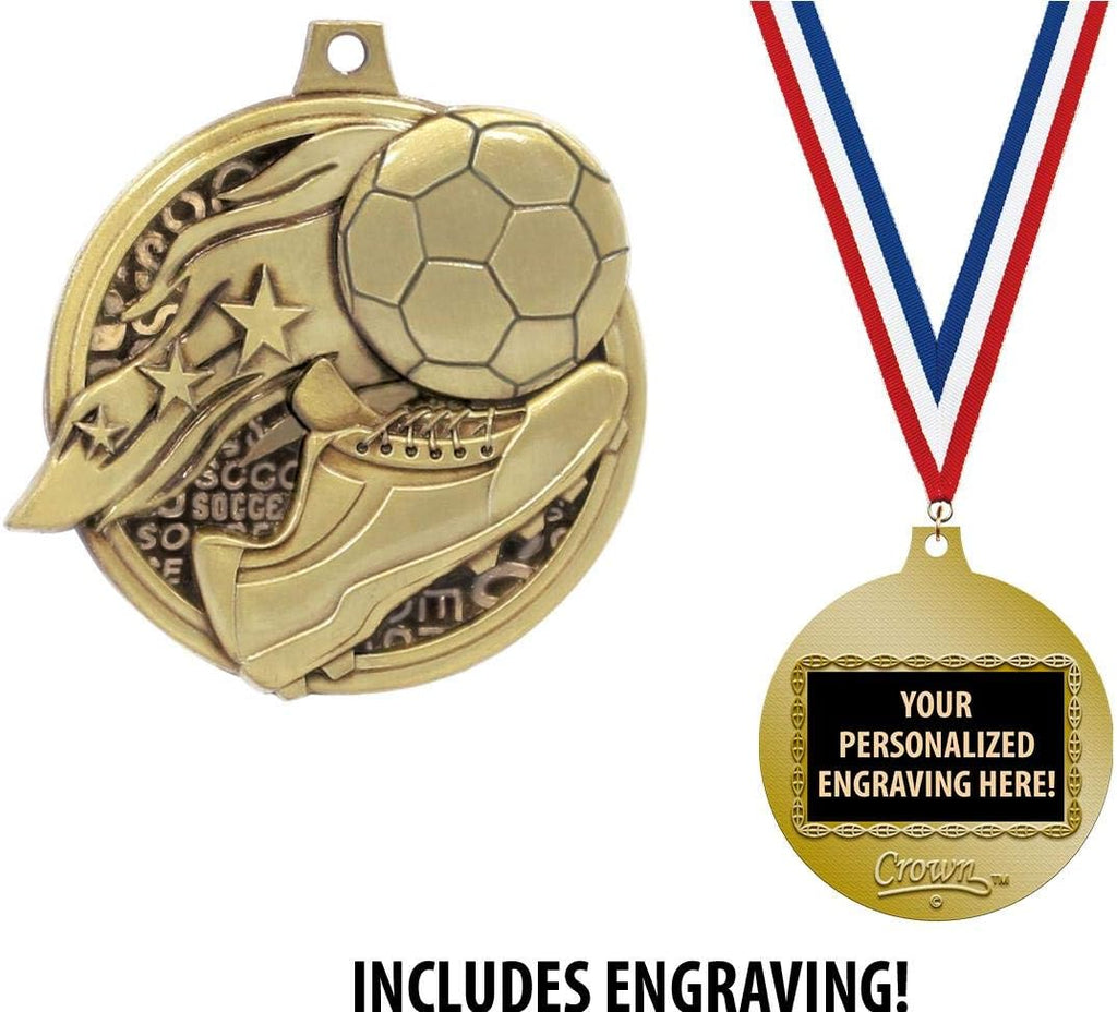 Crown Awards Custom Soccer Medals, 2' Soccer Medal with Free Neck Ribbon and 4 Lines of Engraving Included